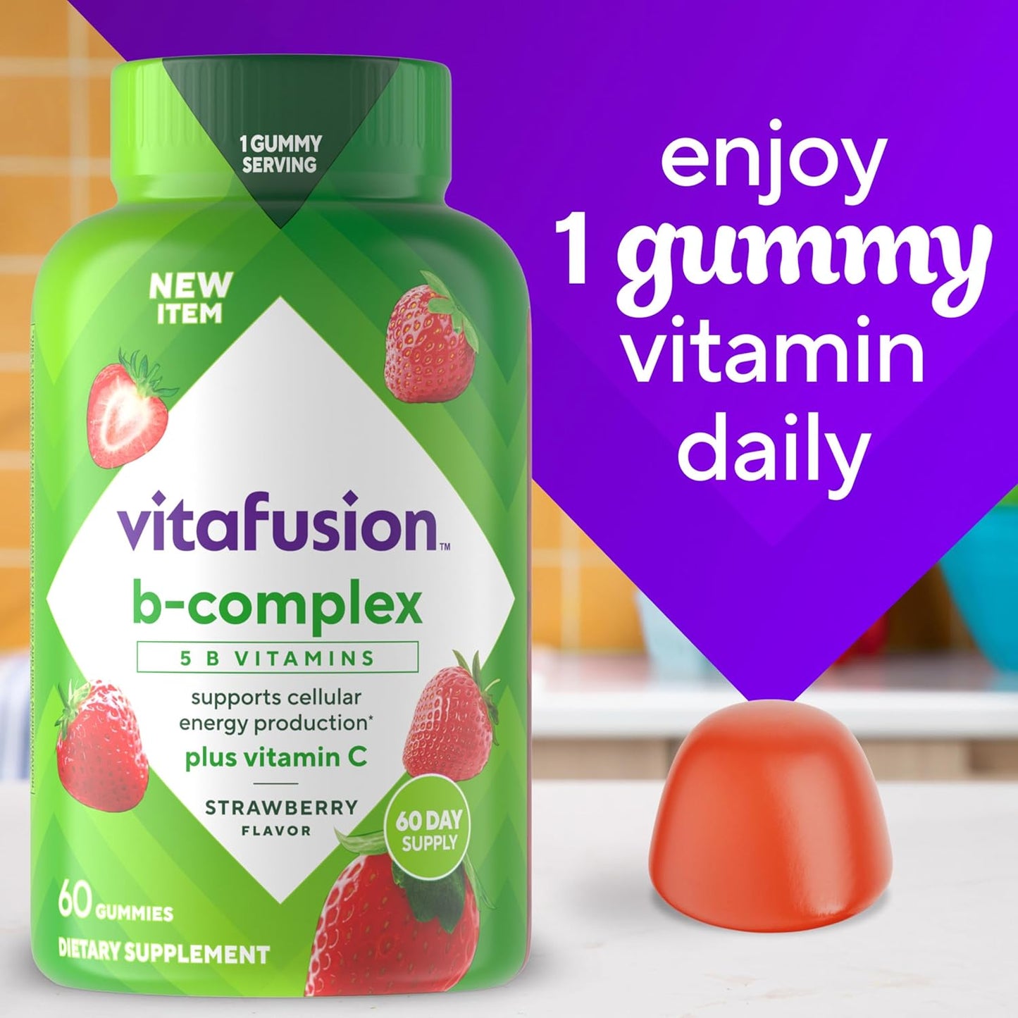 vitafusion B-Complex Gummy Dietary Supplements, with 5 B Vitamins to Support Cellular Energy Production (1), Plus Vitamin C, Strawberry Flavor, 60 Count