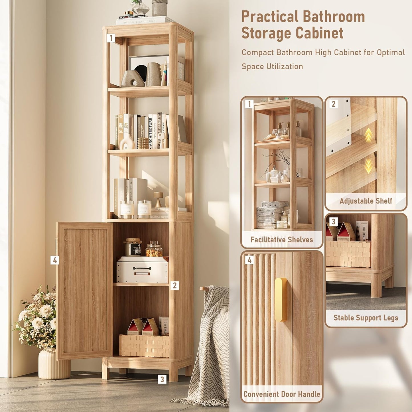68'' Tall Narrow Storage Cabinet with Adjustable Shelf and Door, Bathroom Storage Cabinet, Space Saver for Bathroom, Kitchen, Living Room, Natural Oak