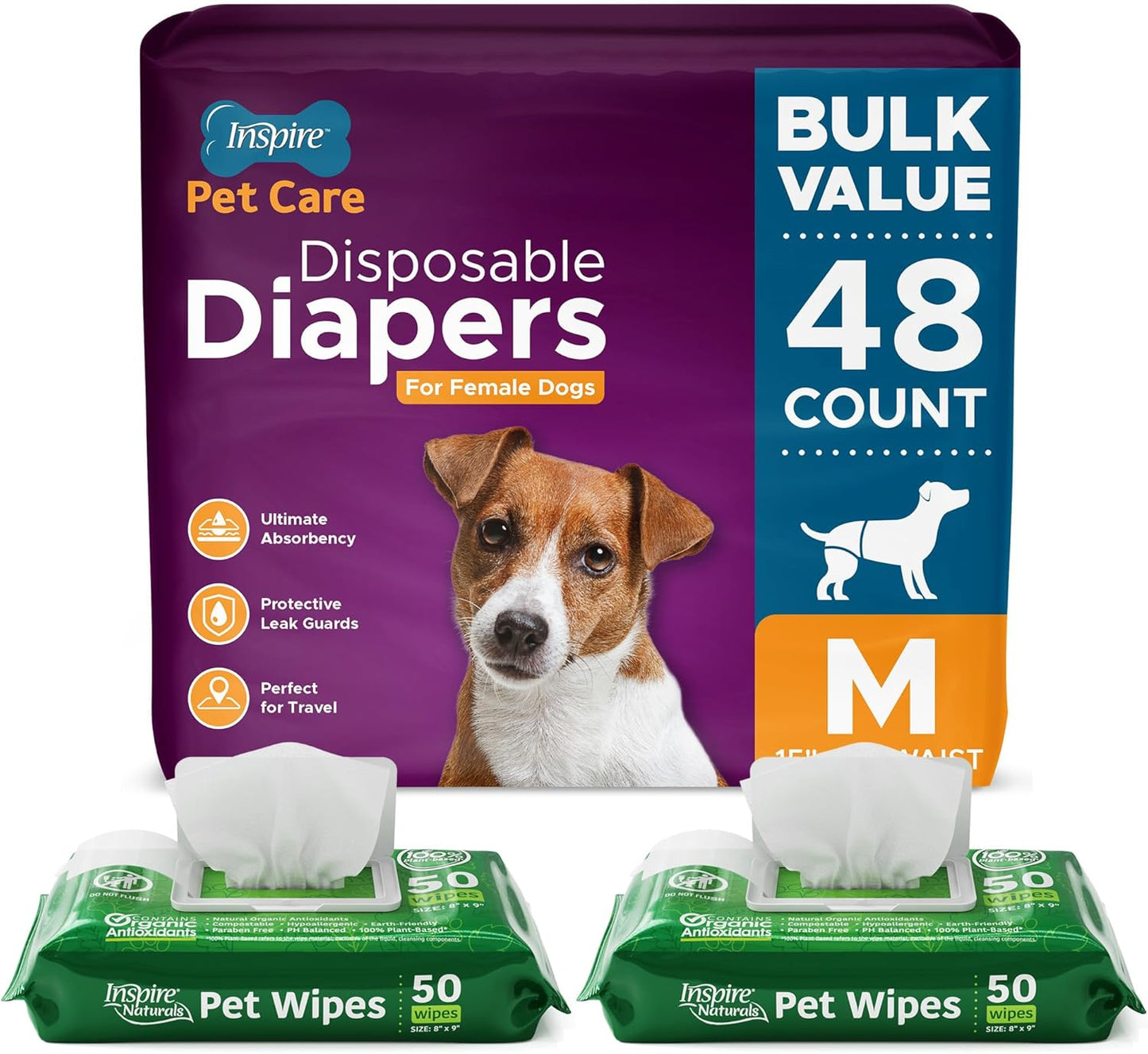 Inspire Pet Supply Doggy Diapers, Female Bag of 48 - Medium with 2 Packs of Pet Wipes
