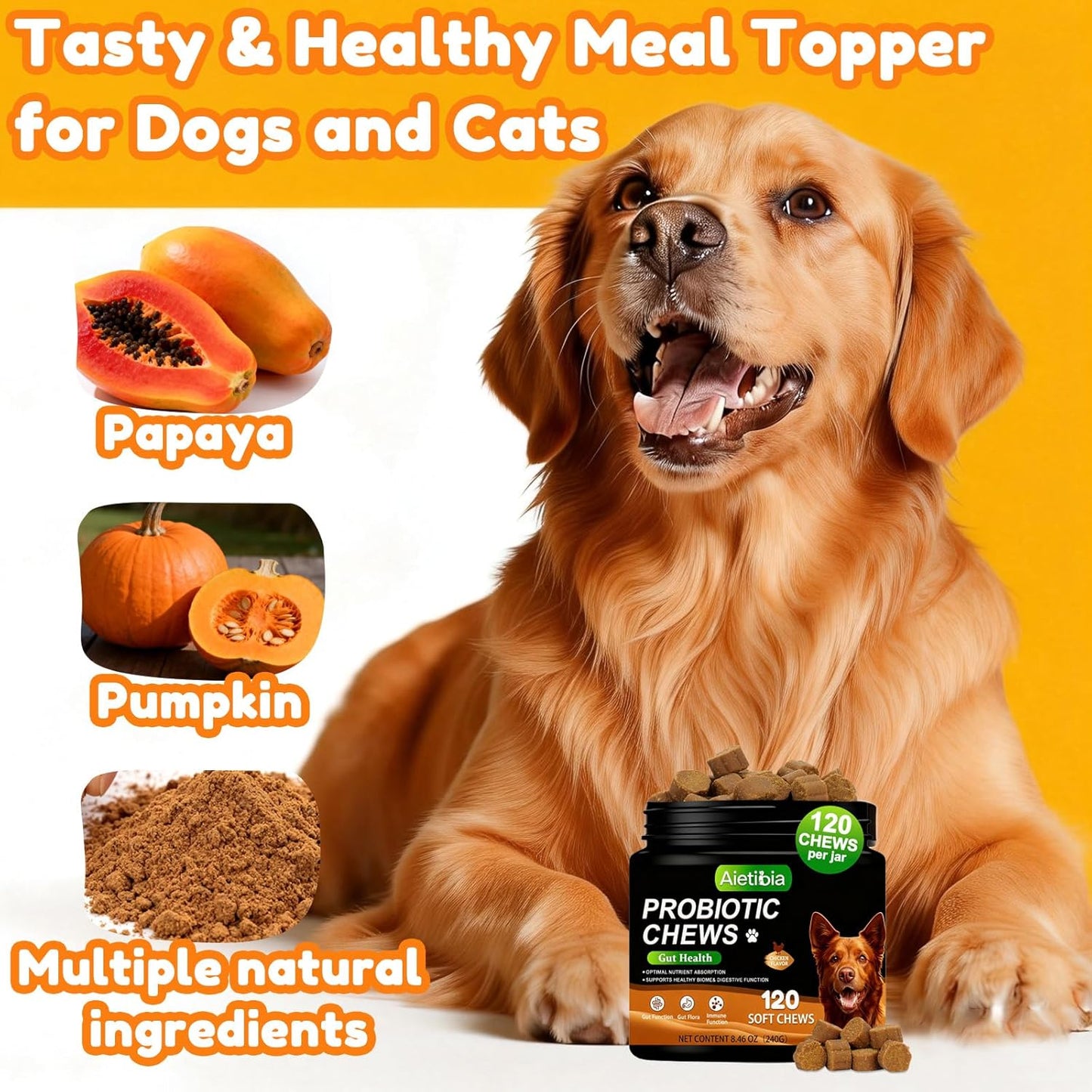 120 Chew Probiotics for Dogs Enzymes Breath Aid Support&Boosting Immunity and Gut Microbiota with Pumpkin Dietary Fiber Digestive Enzymes -Chicken Flavor