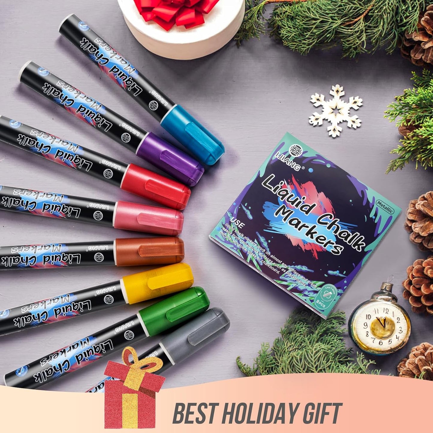 IJIANG Liquid Chalk Markers - Metallic 8Colors, Chalk Markers - 6mm Reversible Tip for Glass, Window, Cars, Chalkboard, Whiteboard, Blackboard Signs