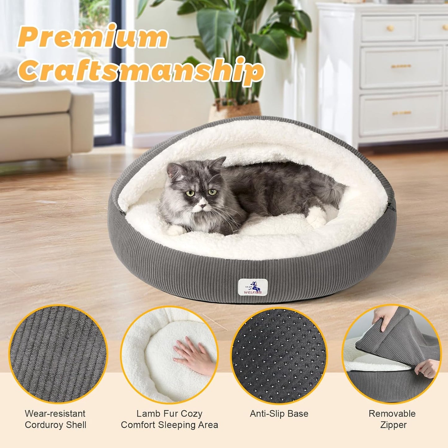 Cat Cave Bed for Indoor Cats, Hooded Cat Bed Covered Cat Bed Cave, Round Cat Cave Cute Kitty Bed, Washable Cat Bed for Cats & Small Dogs, Cat Beds with Cover Cozy Sleeping Nest, 23" Grey