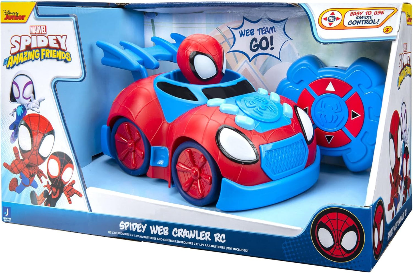 Jazwares Marvel Spidey and His Amazing Friends Web Crawler RC - Remote-Controlled Vehicle - Features Built-in Super Hero with 4 Controller Functions, Blue & Red