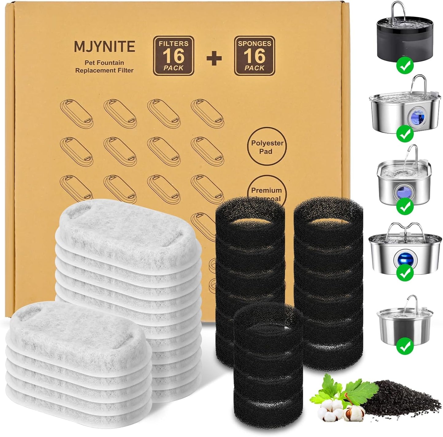 Cat Water Fountain Filter Replacement Kit - 16 Cat Fountain Filters, 16 Sponges, Compatible with Stainless Steel Pet Fountains