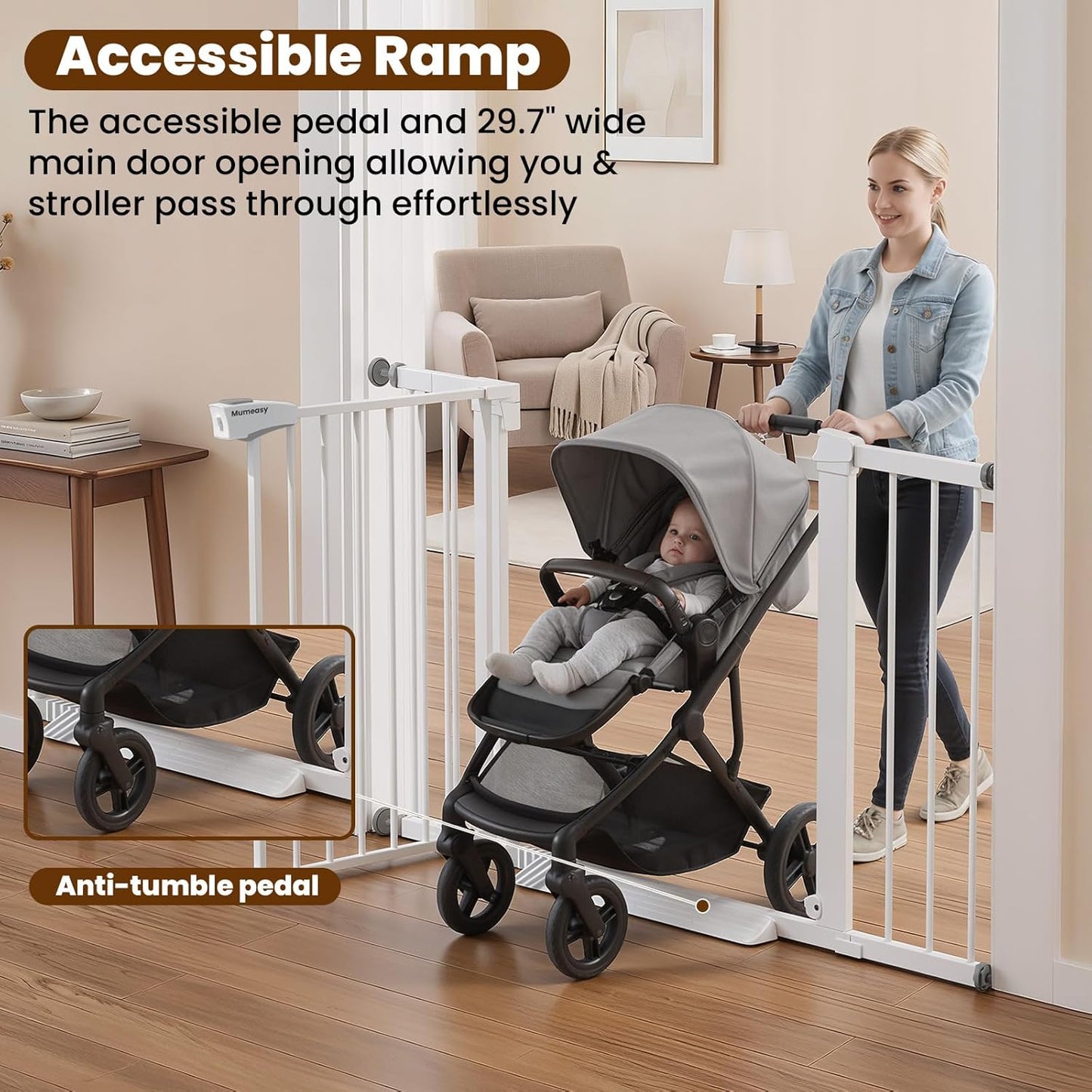 29.7-46" Extra Wide Baby Gate for Stairs, Pressure Mounted Dog Gate Indoor for Doorways, Auto Close Pet Gate with Walk Thru Door, Double Lock Child Safety Gate for Kids and Pet, No-Trip Design