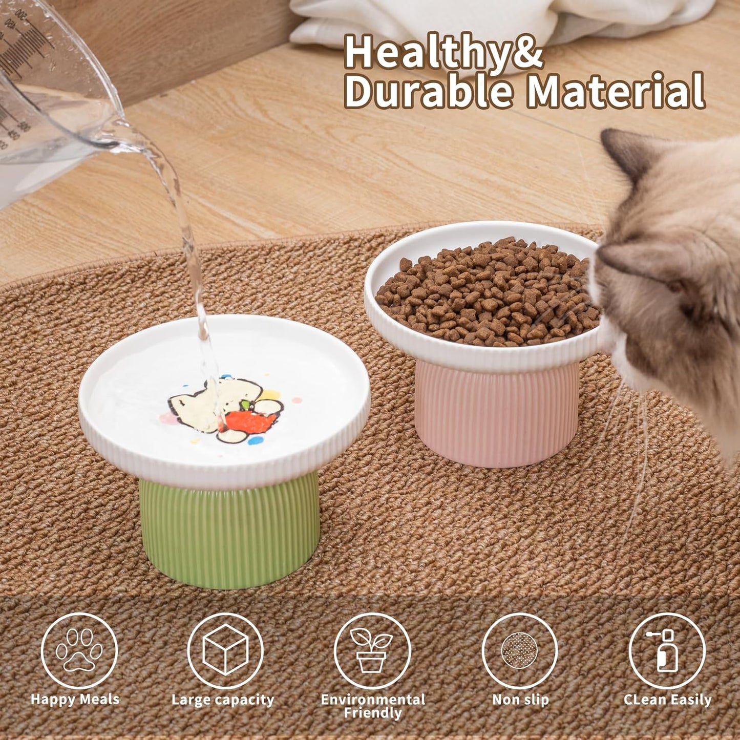 Raised Ceramic Cat Bowl with Tall Stand – Extra Wide Shallow Cat Food Dish for Whisker Fatigue Relief & Anti-Vomiting, Safer Than Plastic, Heavier Than Metal, Lead-Free Dishwasher Safe