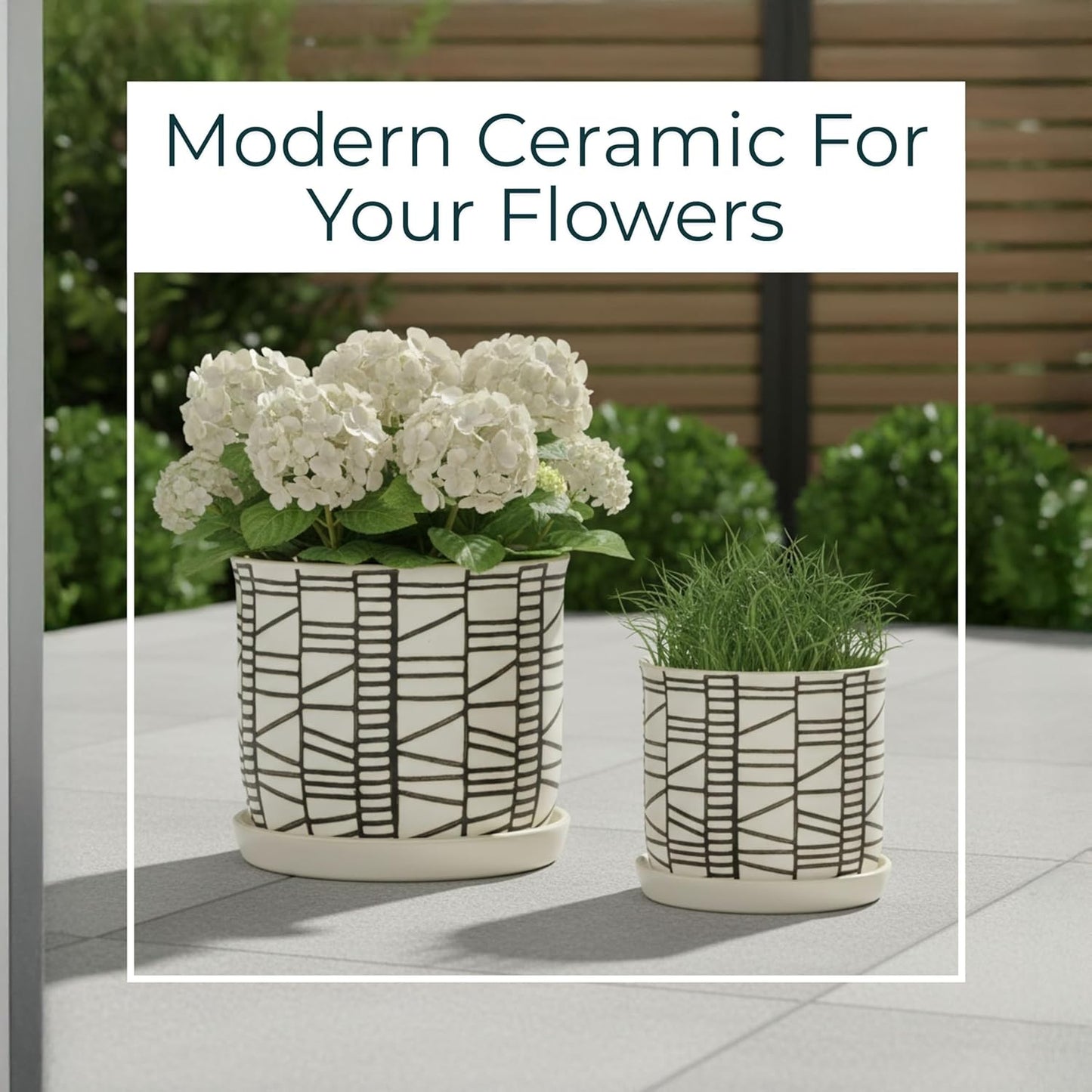 Set of 2 Geometric Decorative Ceramic Planter Pots with Saucer – Stoneware Outdoor & Indoor Plant Pots with Drainage – Modern Garden & Home Decor Ceramic Planters – 6" & 8", Ivory