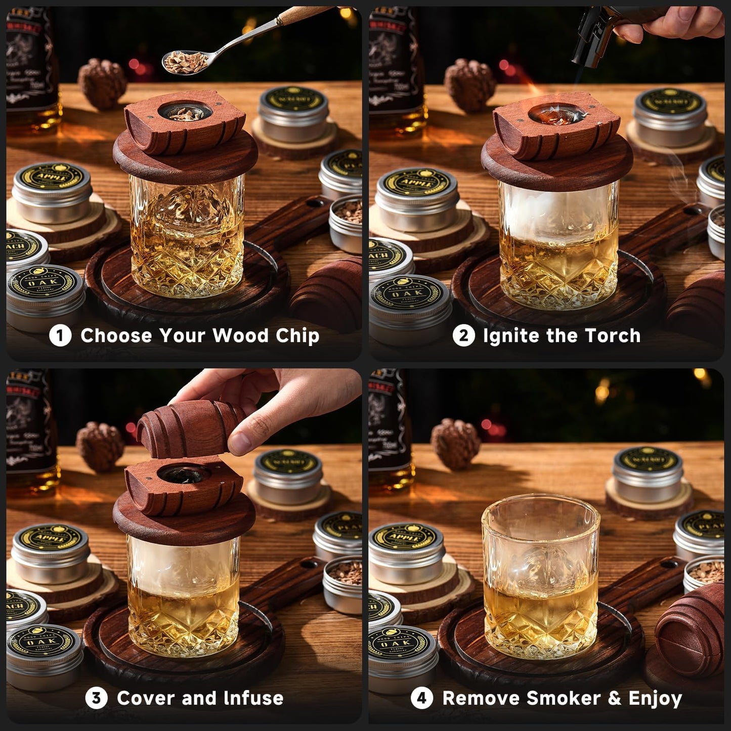 Whiskey Smoker Kit with Torch - 6 Flavors Wood Chips, 2 Glasses, 2 Ice Ball Molds - Cocktail Smoker Infuser Kit, Old Fashioned Drink Smoker Kit, Birthday Bourbon Whiskey Gifts for Men,Dad(NO Butane)