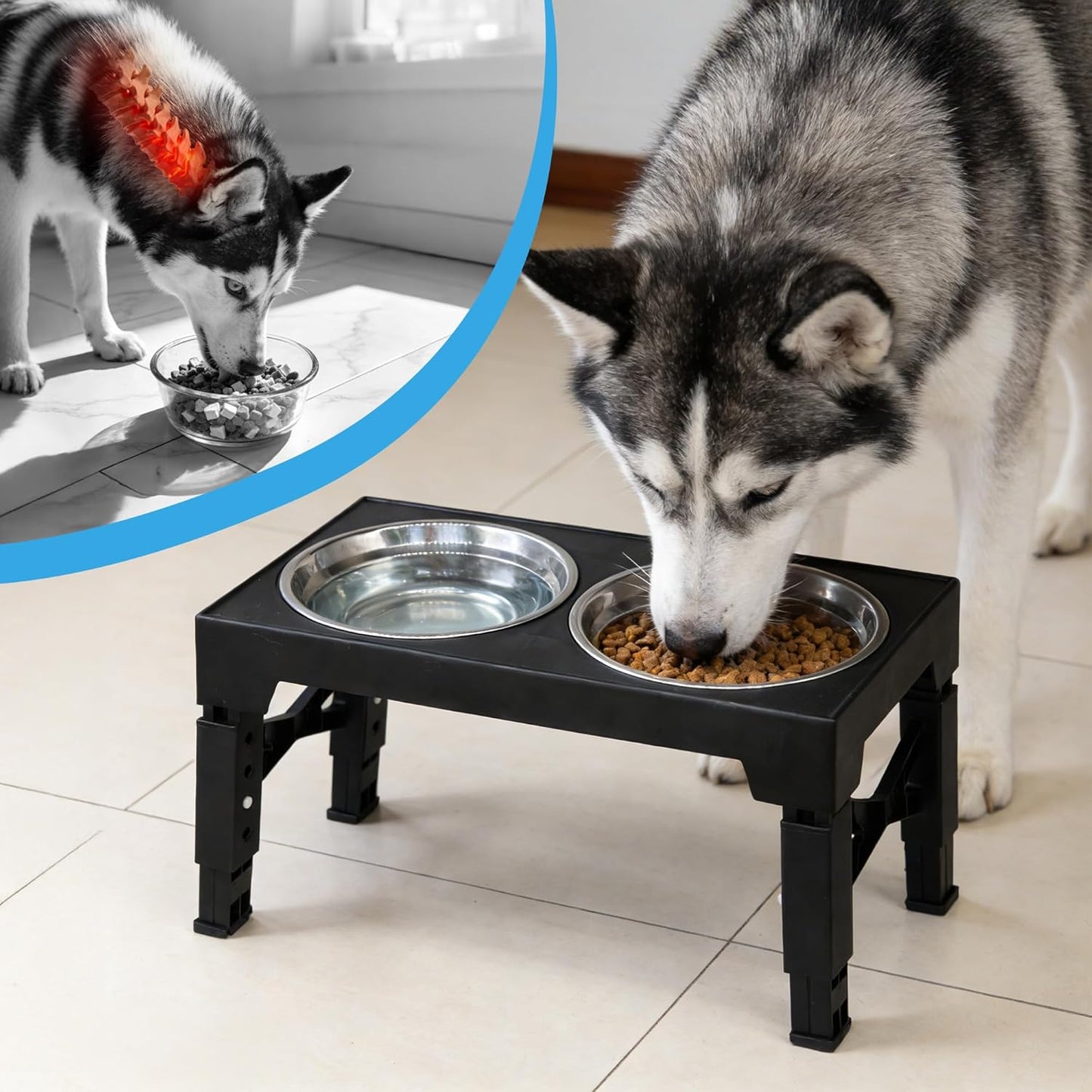 Elevated Dog Bowl Stand, Black, Adjustable Height, Double Stainless Steel Bowls,