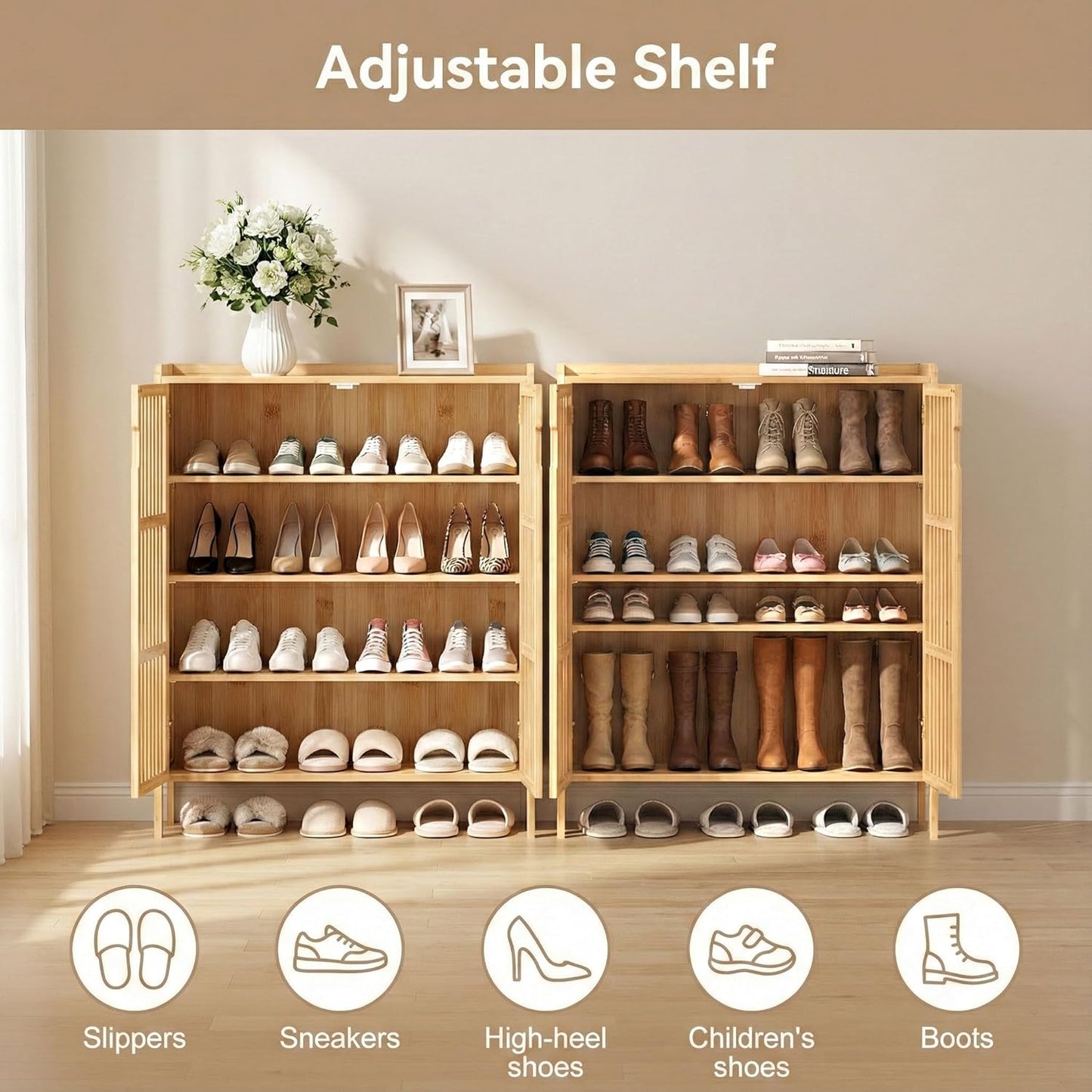 Shoe Cabinet with Doors Bamboo 5 Tiers Shoe Storage Cabinet for Entryway, 25 Pairs Wooden Shoe Cabinets, Modern Shoe Organizer Storage for Living Room, Bedroom, Hallway, Closet Nature