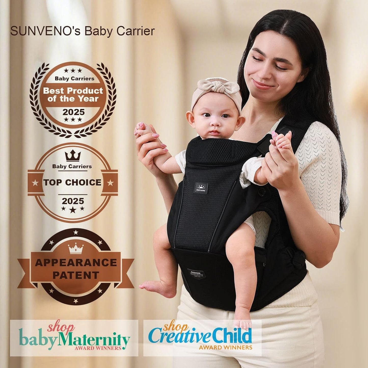 SUNVENO Hip Seat Baby Carrier for Toddler, Baby Carrier with Hip Seat, Patented Ergonomic Support for Heavy Babies, Lightweight Breathable Design, 7-45 lbs