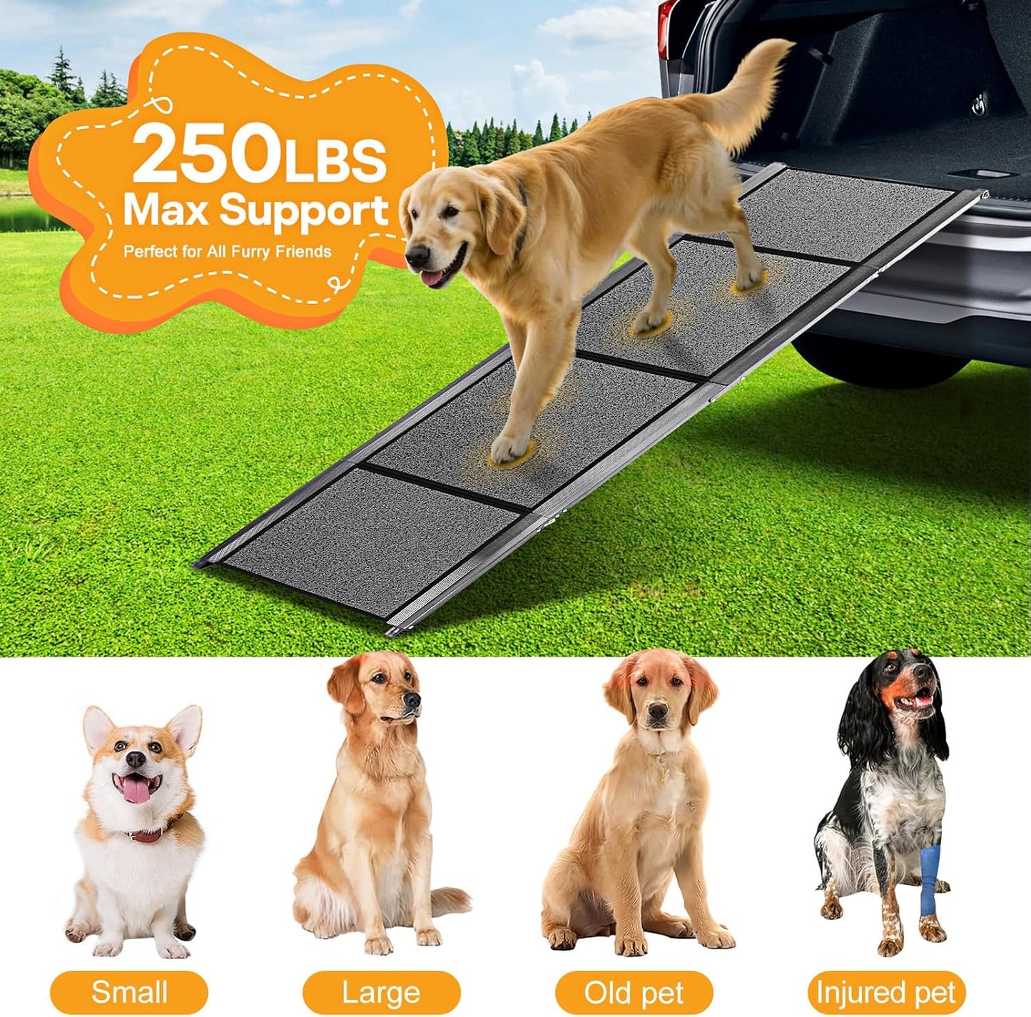 Dog Ramp for Truck, 67" Long 17" Wide Dog Ramp for Large Dog - Heavy Duty Up to 250LBS Capacity Pet Stair with Non-Slip Surface, Folding Portable Aluminum Pet Ramp for Outdoor, Trucks & SUV