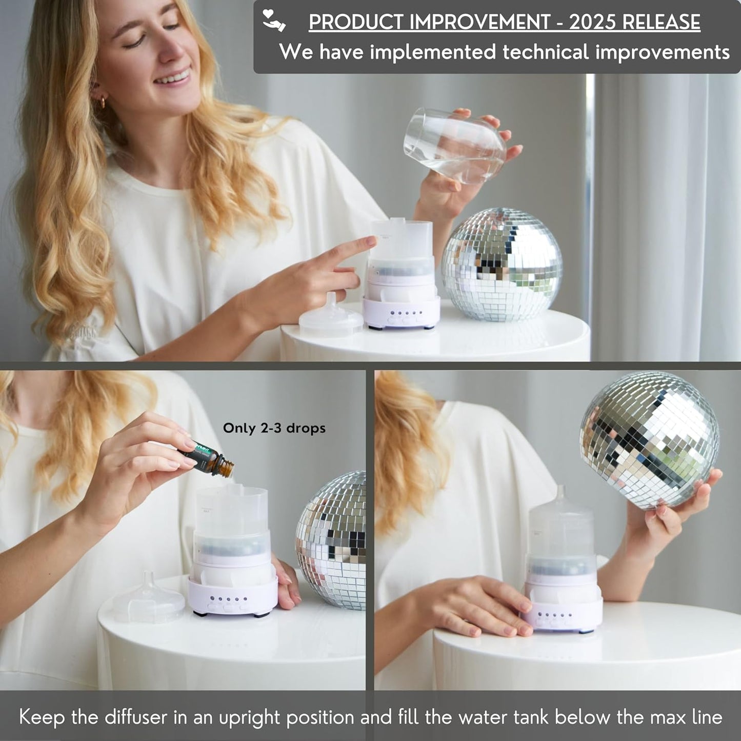 SCANDINORDICA Disco Ball Diffuser - Original Rotating Disco Essential Oil Diffuser with Whisper Quiet Operation, 14 Color Night Light & 4Time Settings | Cute Eclectic Home Decor for Medium Room Silver