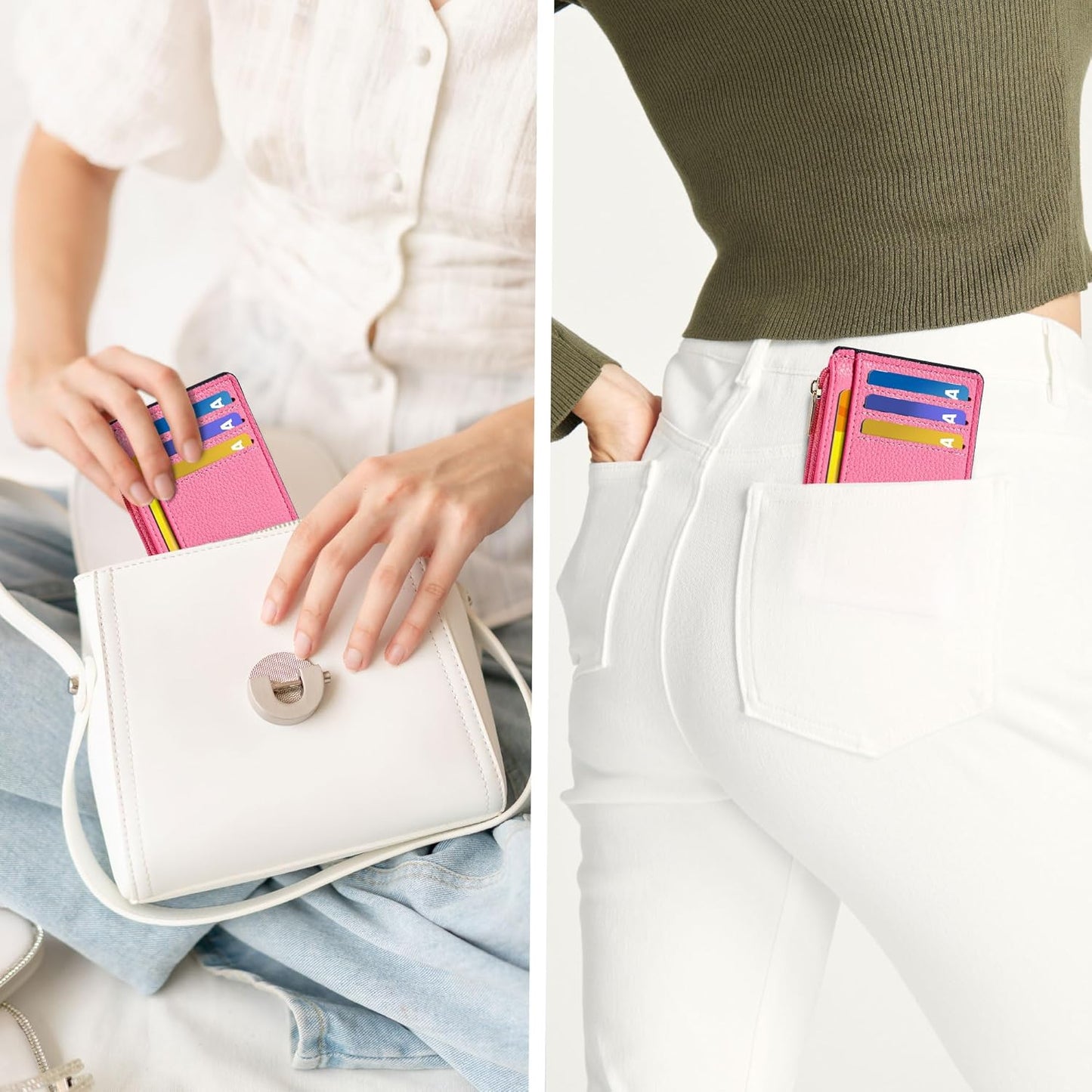 Credit Card Holder for Women Slim Minimalist Front Pocket RFID Blocking Wallet Small Compact Card Case with ID Window, Vibrant Pink