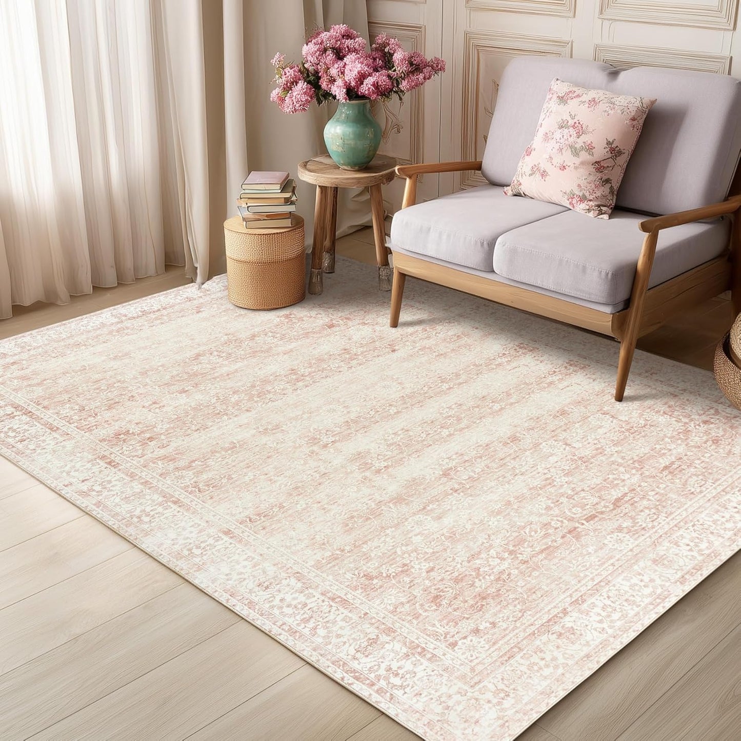 Pink Nursery Rug for Baby Girl 5 x 7 Neutral Blush Pink Boho Cute Floral Foldable Machine Washable Low Pile Soft Surface Carpet Area Rugs for Living Room Bedroom Dorm Kids Playroom,5x7