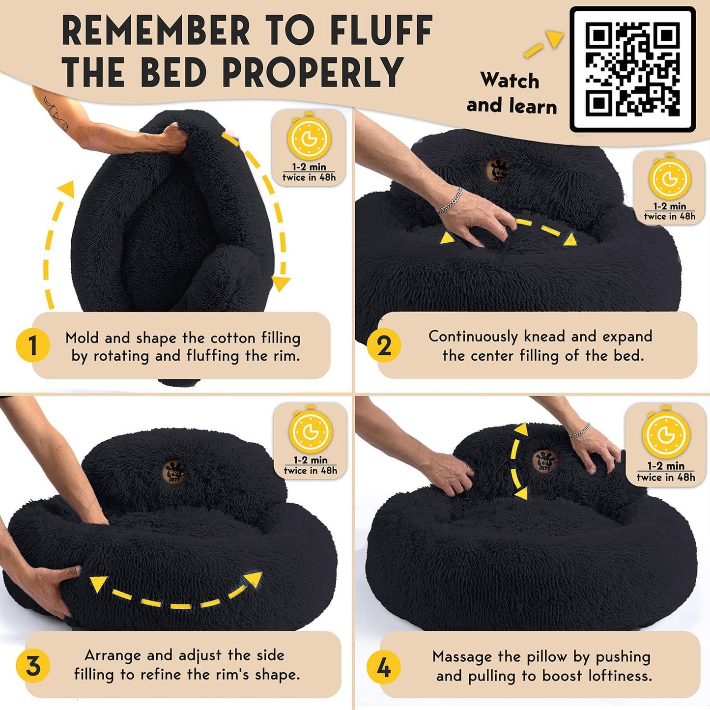 PetJett Large Dog Bed - 36'' Calming Donut Dog Beds, Anti-Slip & Washable Large Round Bed, Fluffy Faux Fur Pet Bed, Super Soft Anti-Anxiety Premium Comfort Bed, Fits Dogs up to 80 lbs - Black
