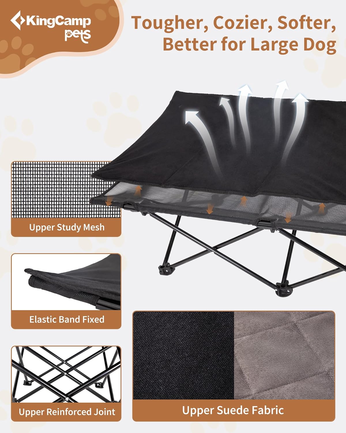 KingCamp Elevated Dog Bed for Large Dogs, Outdoor Raised Cooling Pet Cot Bed with Washable Breathable Mesh & No-Slip Feet Perfect for Camping, Backyard, Indoor Use (Large, Black)
