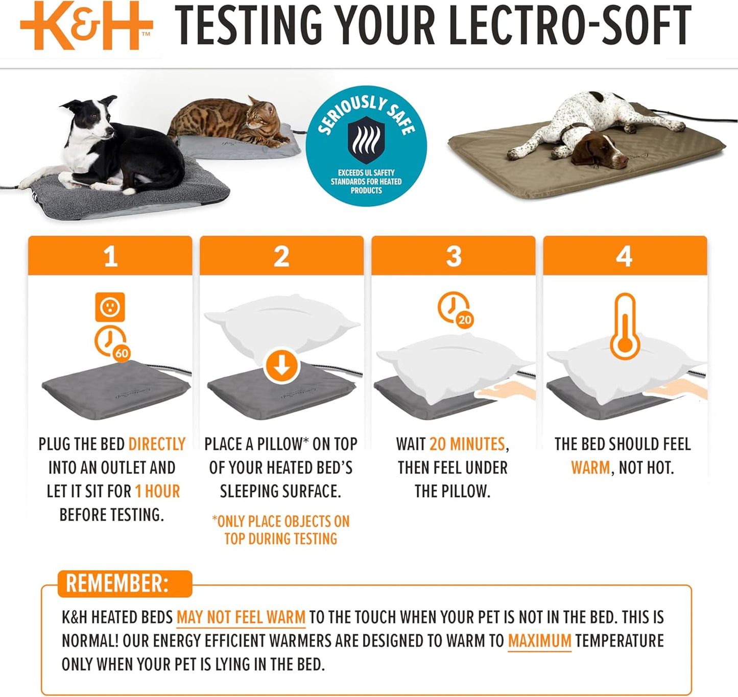 K&H Pet Products Lectro-Soft Orthopedic Outdoor Heated Dog and Cat Bed for Medium Dogs or Big Cats, Soft/Flexible Safety Listed Warming Pad, Waterproof, Washable Cover - Medium 24 X 19in Gray 40W