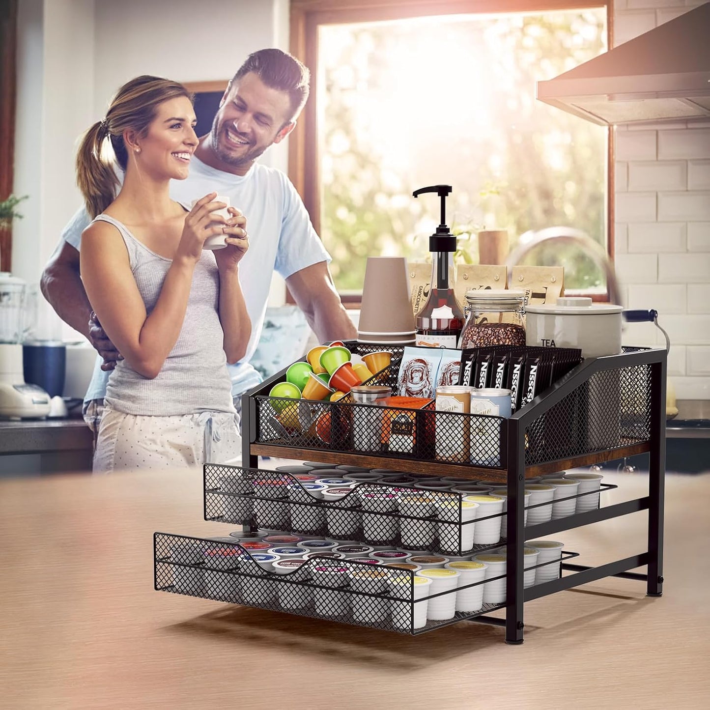 Coffee Bar Organizer - Coffee Station for Countertop, Metal and Wood K Cup holder Storage Basket for Coffee Pods, Syrup, Cups, Stirrer, Coffee Condiment, Tea Organizer, Black and Brown