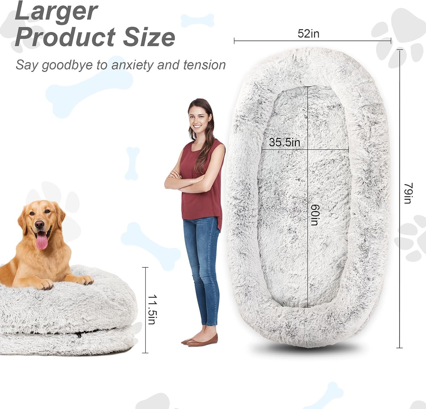 Human Dog Bed XL 79"x44"x12.5" - Shared Orthopedic Dog Bed for Adults & Pets, Large Size Faux Fur Pet Bed, Removable Washable Cover, Light Grey