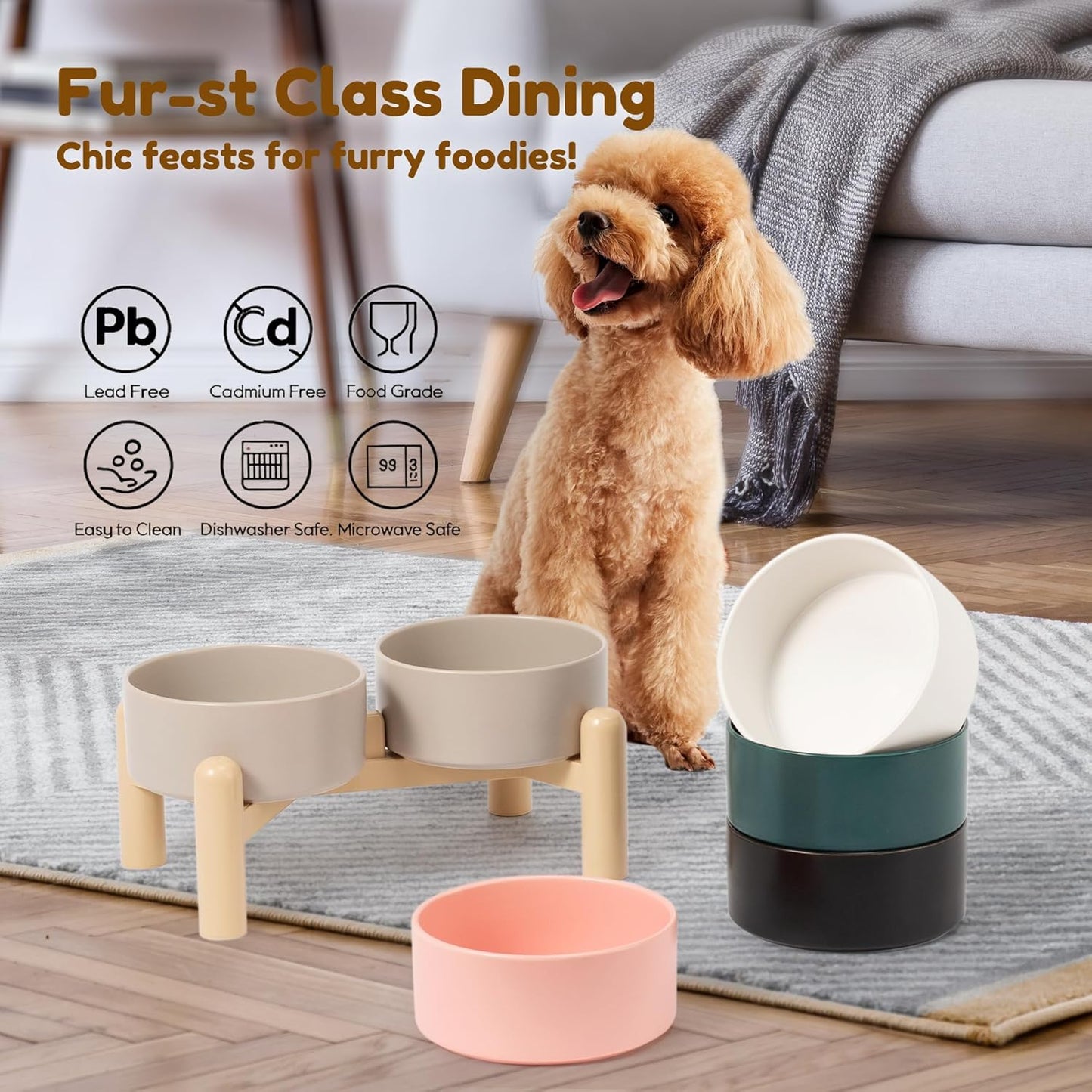 Elevated Ceramic Dog Bowl Set of 2 - Double Dishes with Non-Slip Stand - Raised Food and Water Bowls - Ideal for Small to Medium Dogs - Each Holds 2 Cups (28.75 fl oz) - Green