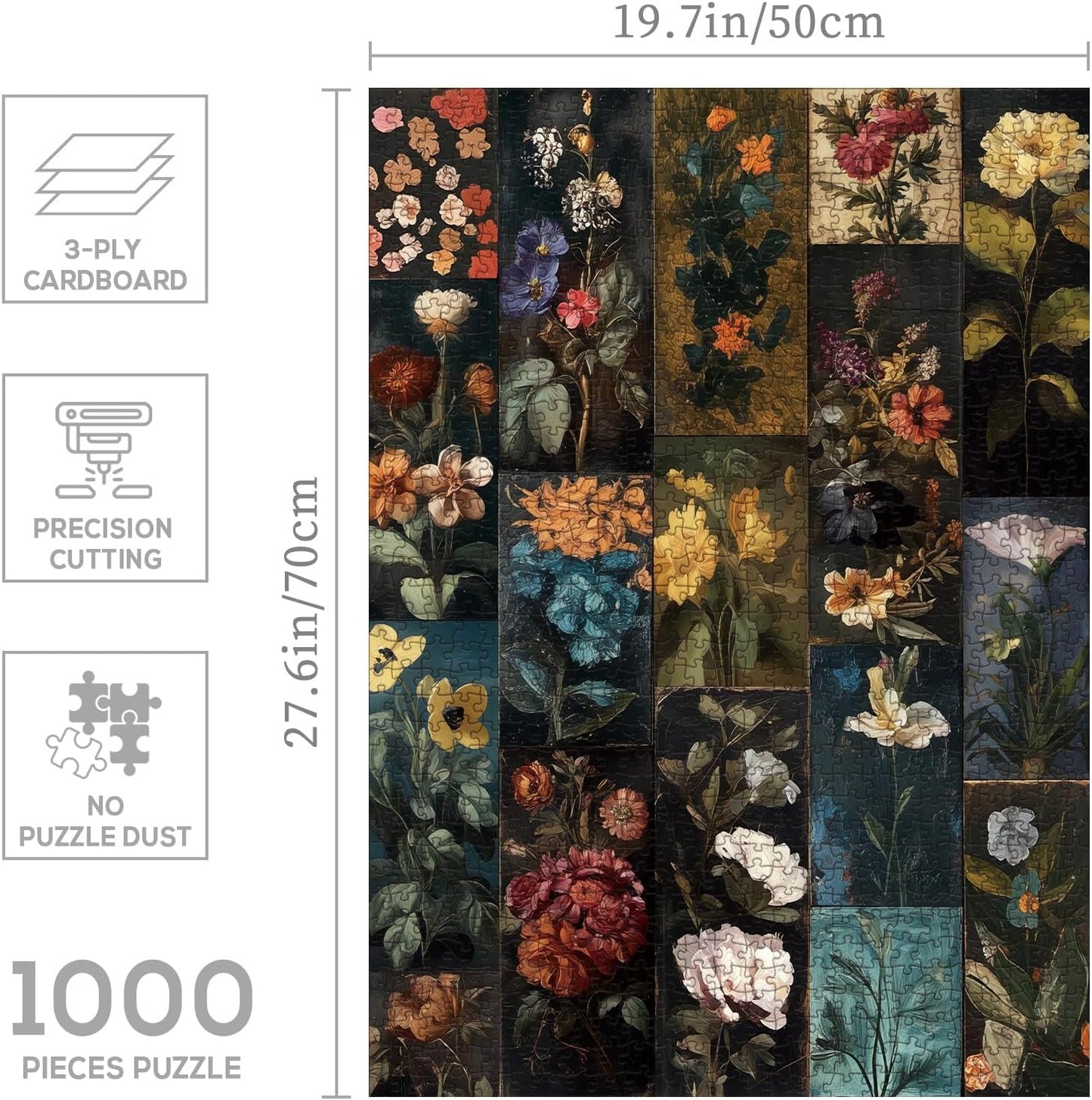 Vintage Collage Flower Puzzle 1000 Pieces for Adults, Floral Wildflower Colorful Art Jigsaw Puzzle, Beautiful Moody Aesthetic Sunflower Puzzles