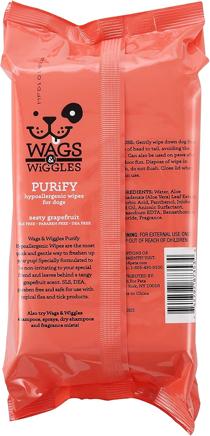 Wags & Wiggles Purify Hypoallergenic Dog Wipes for Sensitive Skin, Paw and Body Grooming Wipes with Gentle Plant Based Formula for Everyday Cleaning, Zesty Grapefruit Scent, 100 Count