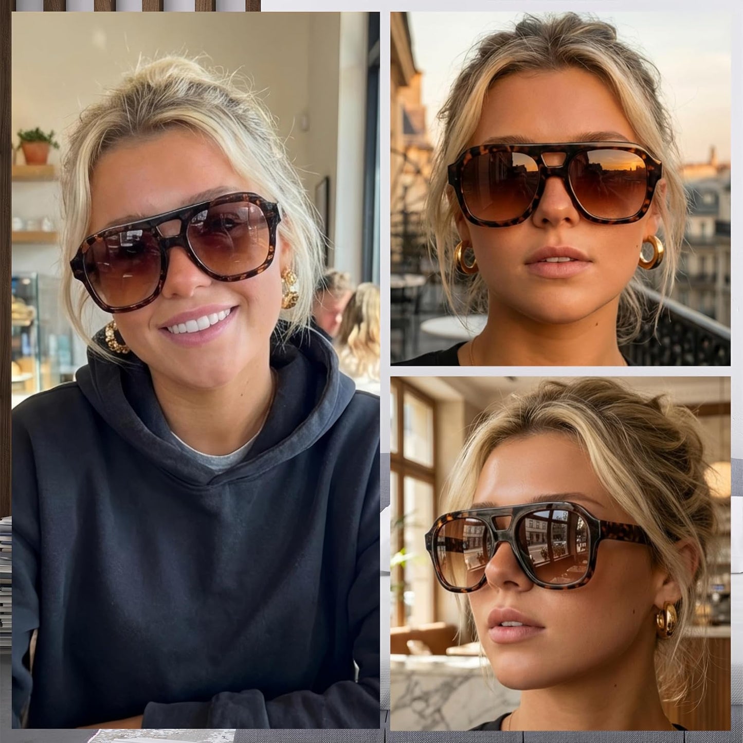 FEISEDY Vintage Aviator Sunglasses Double Bridge Women Men Large Square Thick Frame Trendy Eyewear UV400 B2846