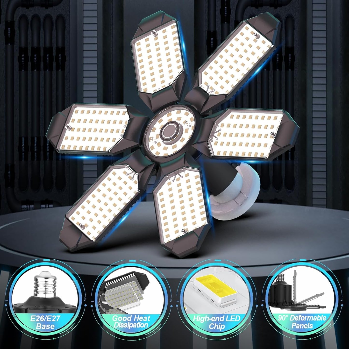 Led Garage Lights 8 Pack 200W Super Bright Ceiling Led Shop Lights, E26/E27 Base, 6500K, 22000LM Deformable Garage Light Ideal for Basement, Attic and Workshop Commercial Bay Lighting