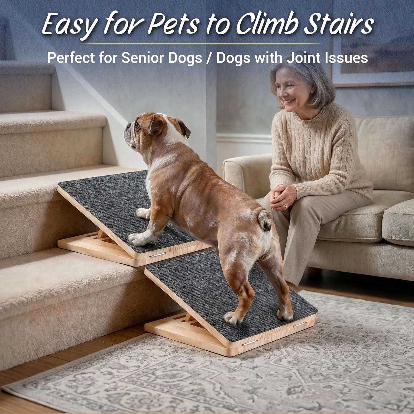 Dog Ramp for Stairs 4 Pack - Adjustable Wooden Stair Wedges for Small Dogs, Foldable Indoor Dog Stair Ramp with Triangular Support and Non-Slip Pads for Senior and Short-Legged Pets