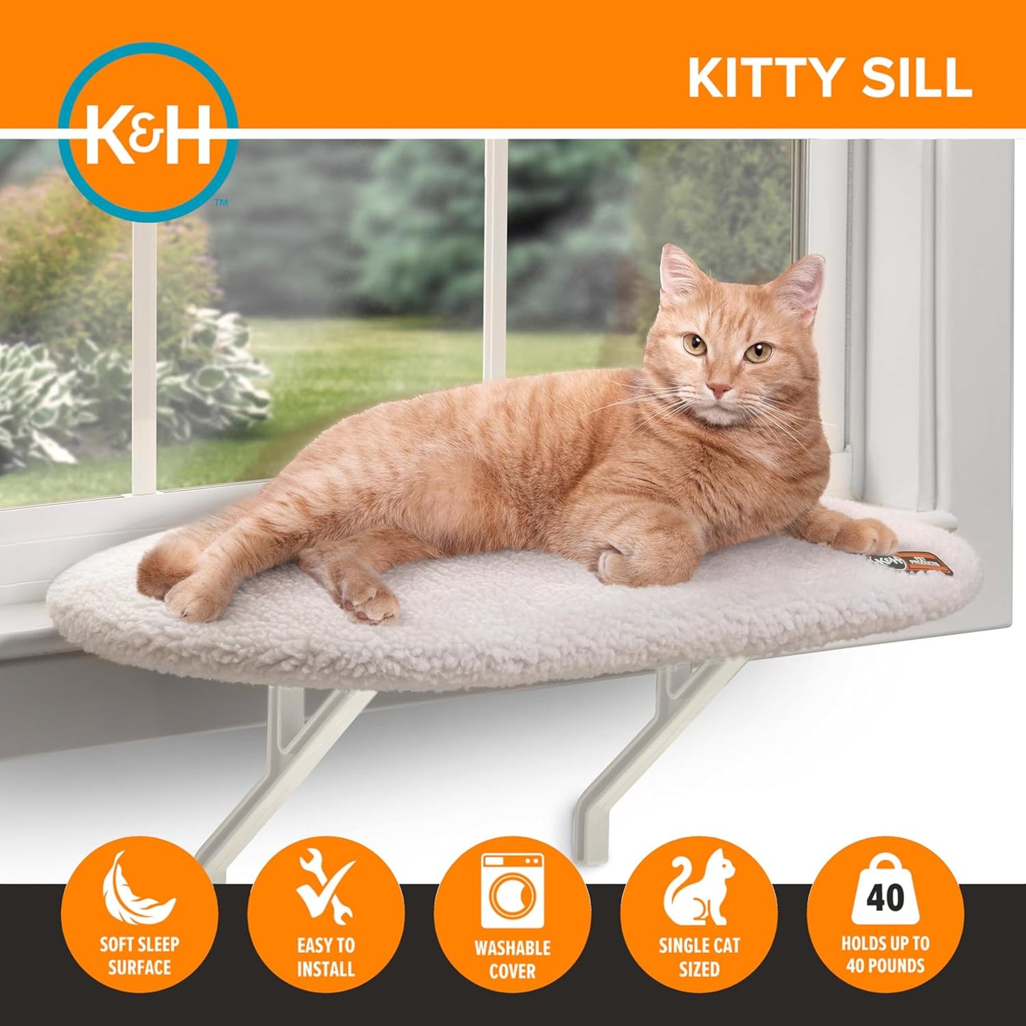 K&H Cat Window Perch Kitty Sill - Cat Window Hammock Bed with Strong Suction Cups Hold 40 lbs, Cushioned Windowsill Bed for Indoor Cats, Washable Cover, Cream Fleece, 24 x 14 Inches
