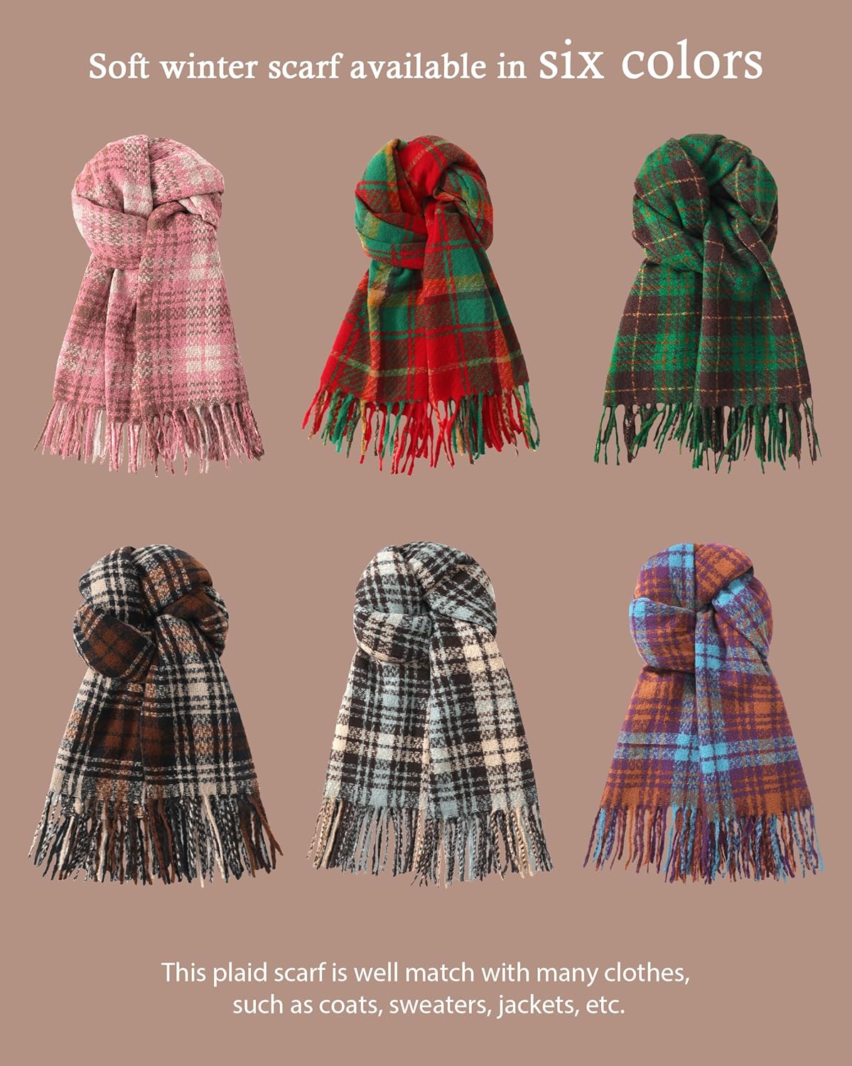 DOFOWORK Winter Scarf for Women - Womens Scarves for Cold Weather, Plaid Soft Tassel Wrap Blanket Scarf, 78.7"x24.8"