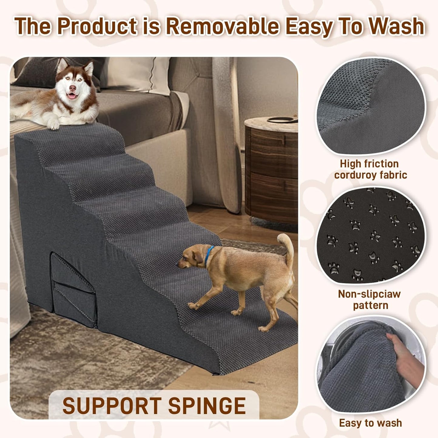 Dog Stairs for High Bed, 30 Inch Height 6 Steps Soft Foam Spliced Dog Steps for Bed, Non-Slip Sturdy Pet Stairs with 3 Pack Ramps for Staircase, Ramp for Small, Older Dogs - Grey