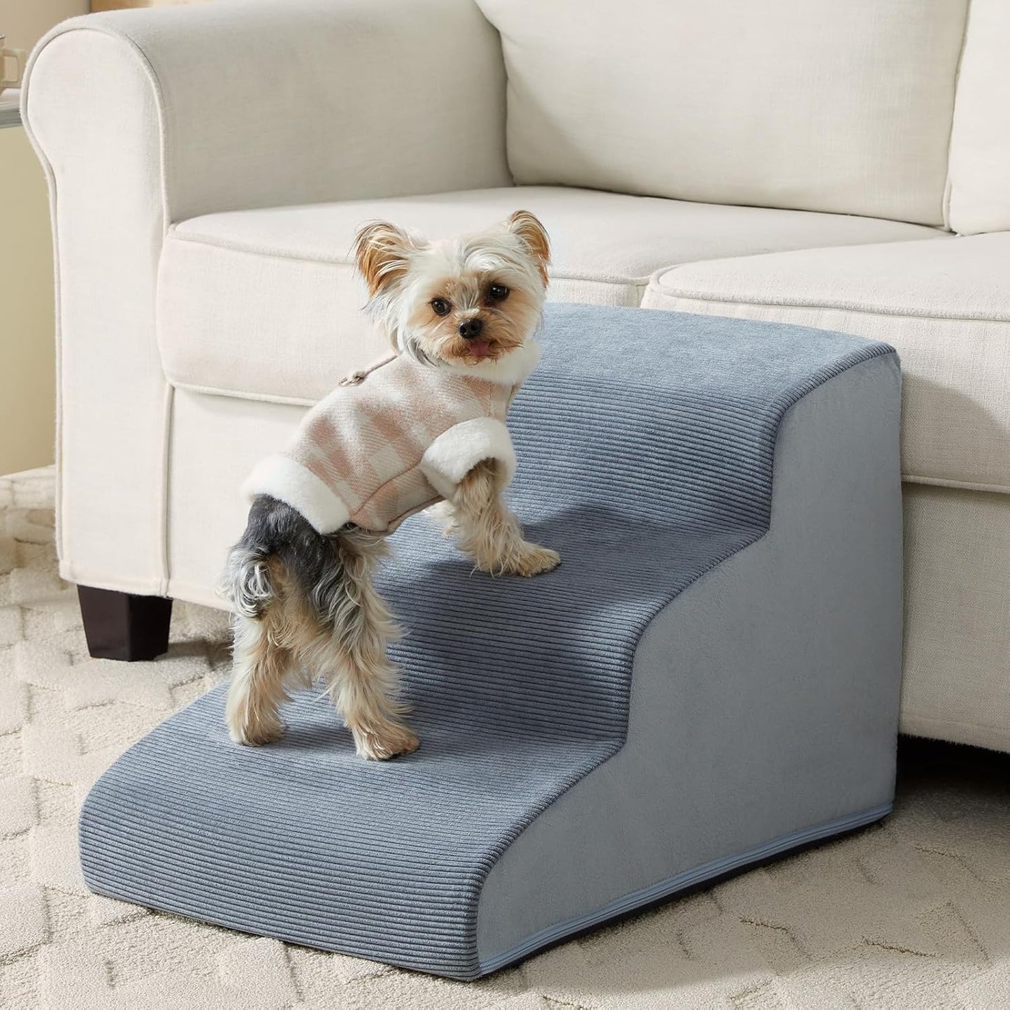 Dog Stairs for Small Dogs, 3-Steps Dog Ramp for Bed and Couch, Pet Stairs with Highly Supportive Foam and Non-Slip Bottom, Dogs Steps for Cat & Doggie (High 15.7 Inch)