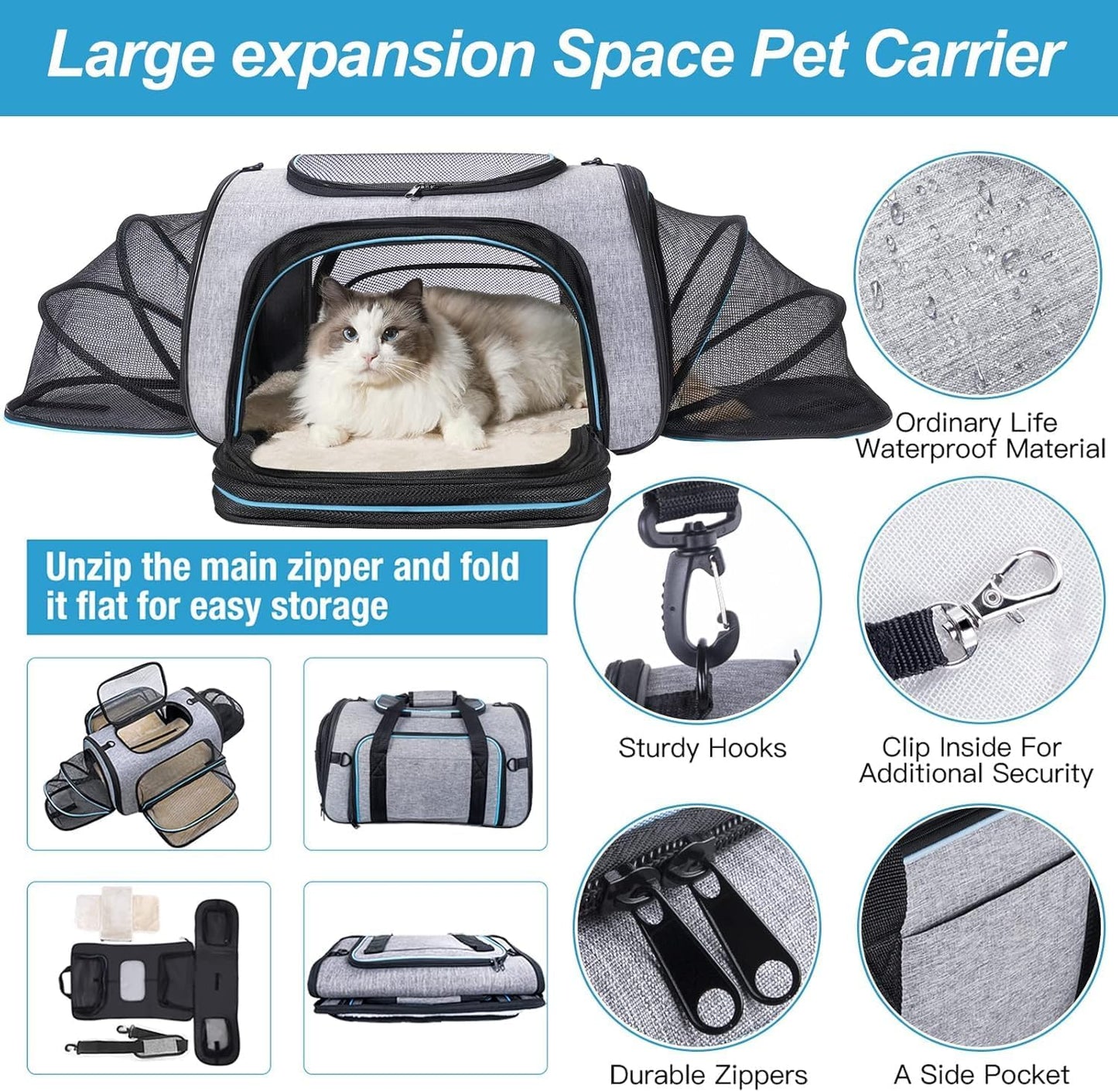 Siivton Airline Approved Pet Carrier, 4-Way Expandable Cat Dog Carrier for Under-Seat Travel, Soft-Sided Portable Pet Bag with Removable Fleece Pad, Fits Small Pets Up to 15 lbs (18"x 11"x 11")