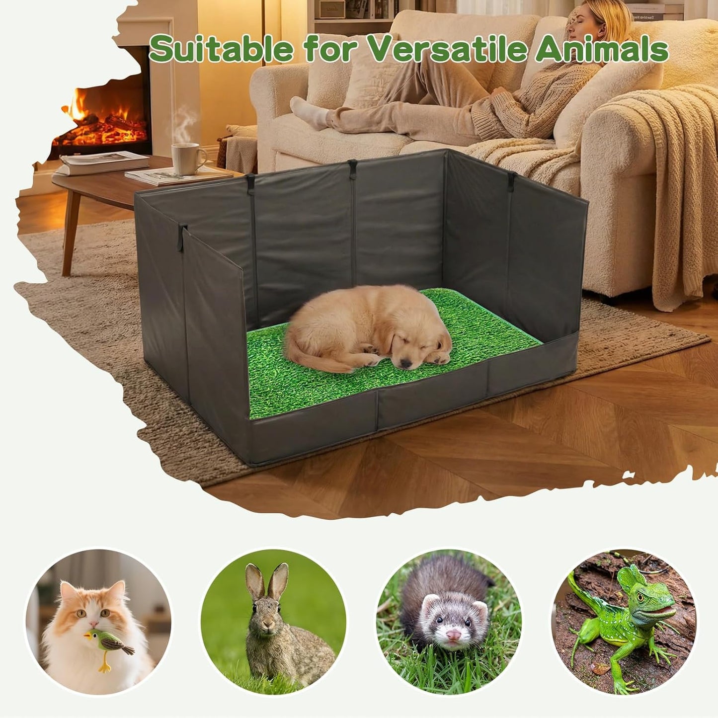 33.5"×23.6"×15.9" High Walls Dog Potty Tray with Artificial Grass, Foldable Dog Pee Pad Holder with 4-Inch Baffle, Waterproof Indoor Dog Litter Box for Small to Medium Pets