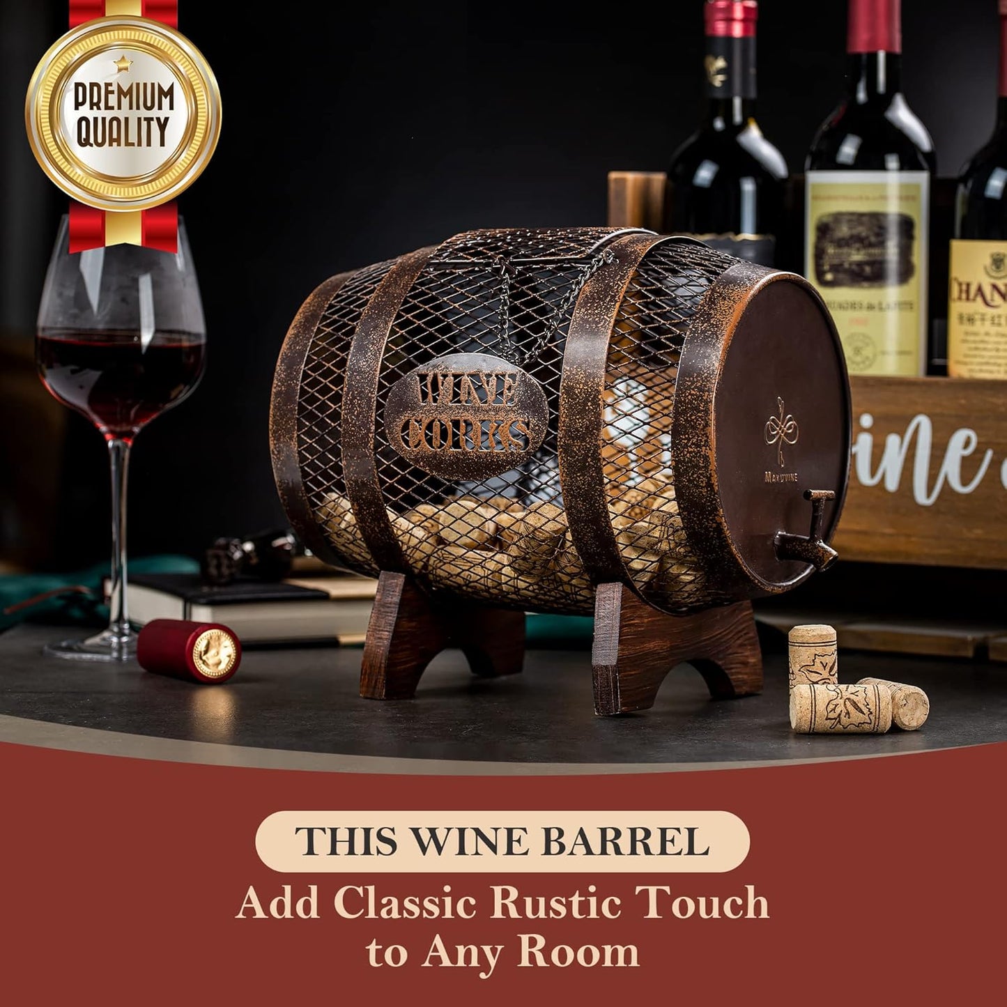 Rustic Metal Large Barrel Wine Cork Holder Display On Wooden Stand, Container for Display, Home Decor, Housewarming Gifts, Home Bar Decor, Wine Gifts, Engagement Gifts, Kitchen Decor