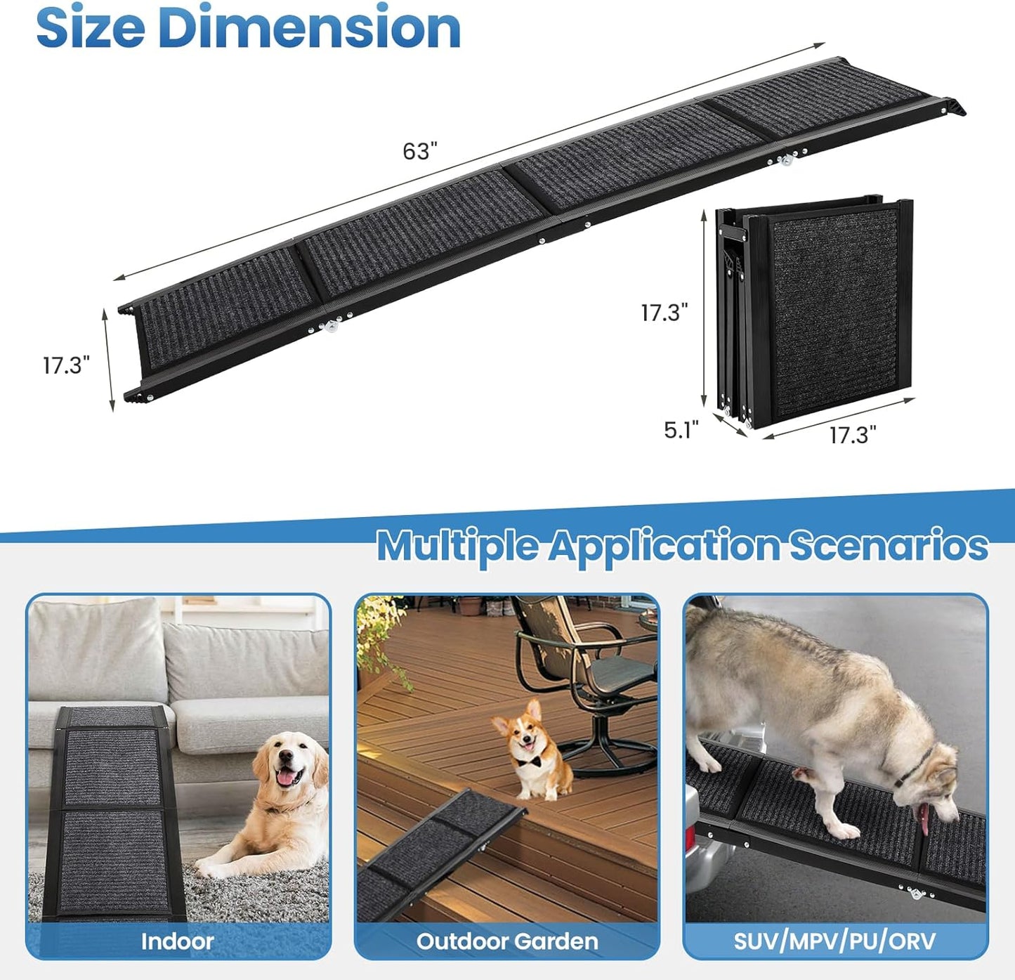 Dollate 63" Long Dog Ramp for Car,17" Wide Foldable Dog Ramps for Large Pet with Non-Slip Rug Surface,Up to 250 LBS for Car, SUV & Truck-L