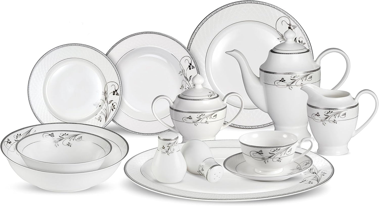 Lorenzo 57 Piece Elegant Bone China Service for 8 Viola Dinnerware Sets, Silver