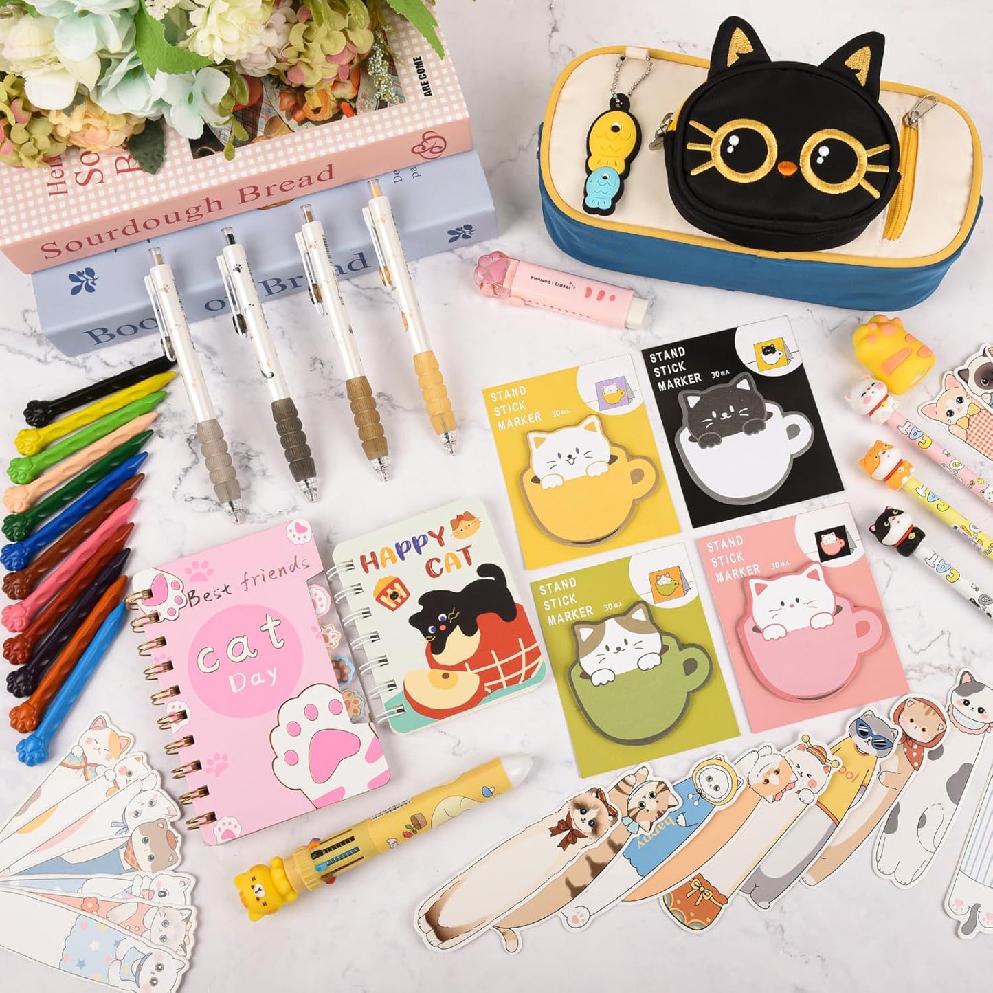 58 Pcs Cute Cartoon Cat Stationery Set Cat Lover Gifts Christmas Gifts for Boys Girls with Cat Ballpoint Pen, Gel Pens,for Birthday Gifts,School Office Classroom Supplies.