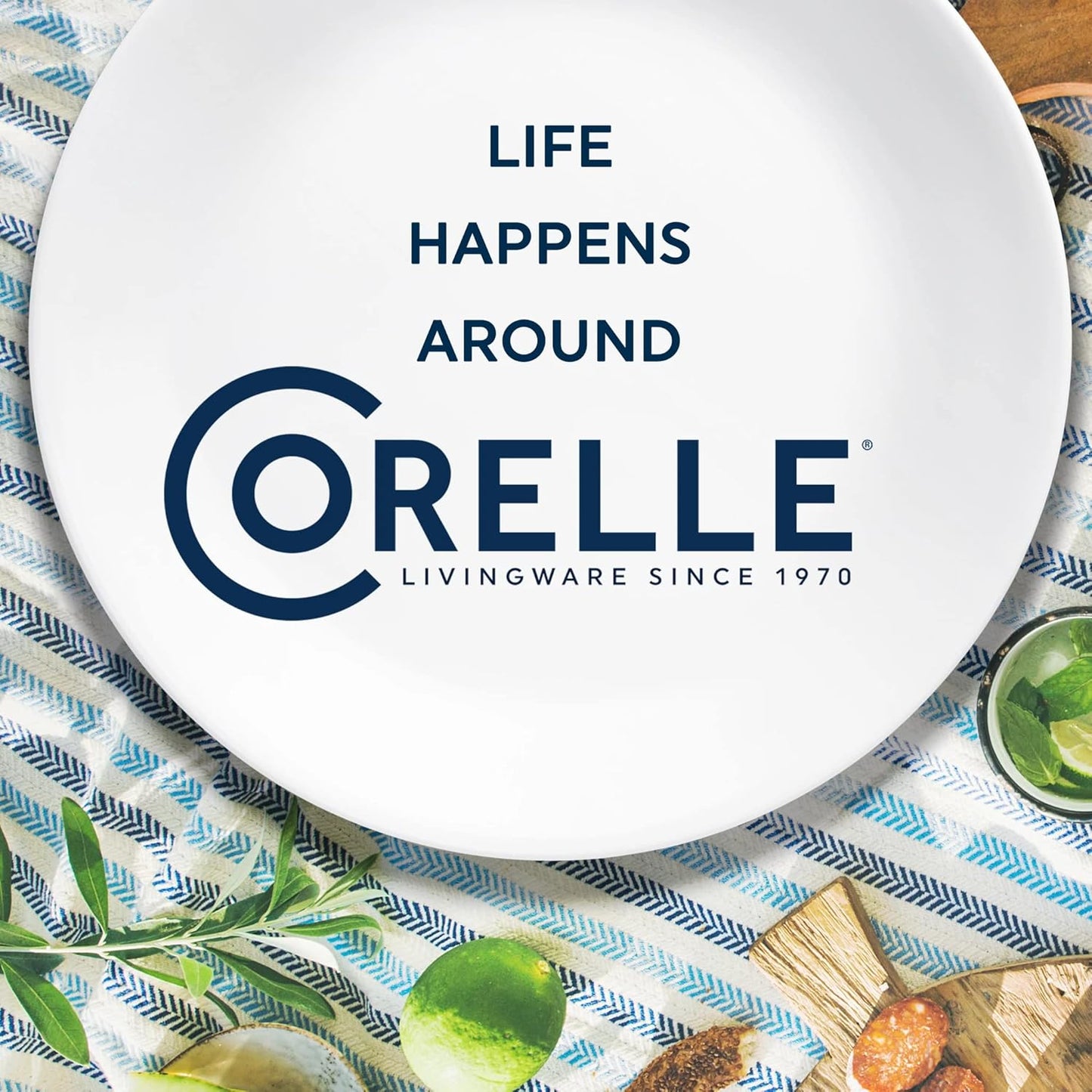 Corelle Vitrelle 18-Piece Service for 6 Dinnerware Set Triple Layer Glass and Chip Resistant, Lightweight Square Plates and Bowls Set, Timber Shadows