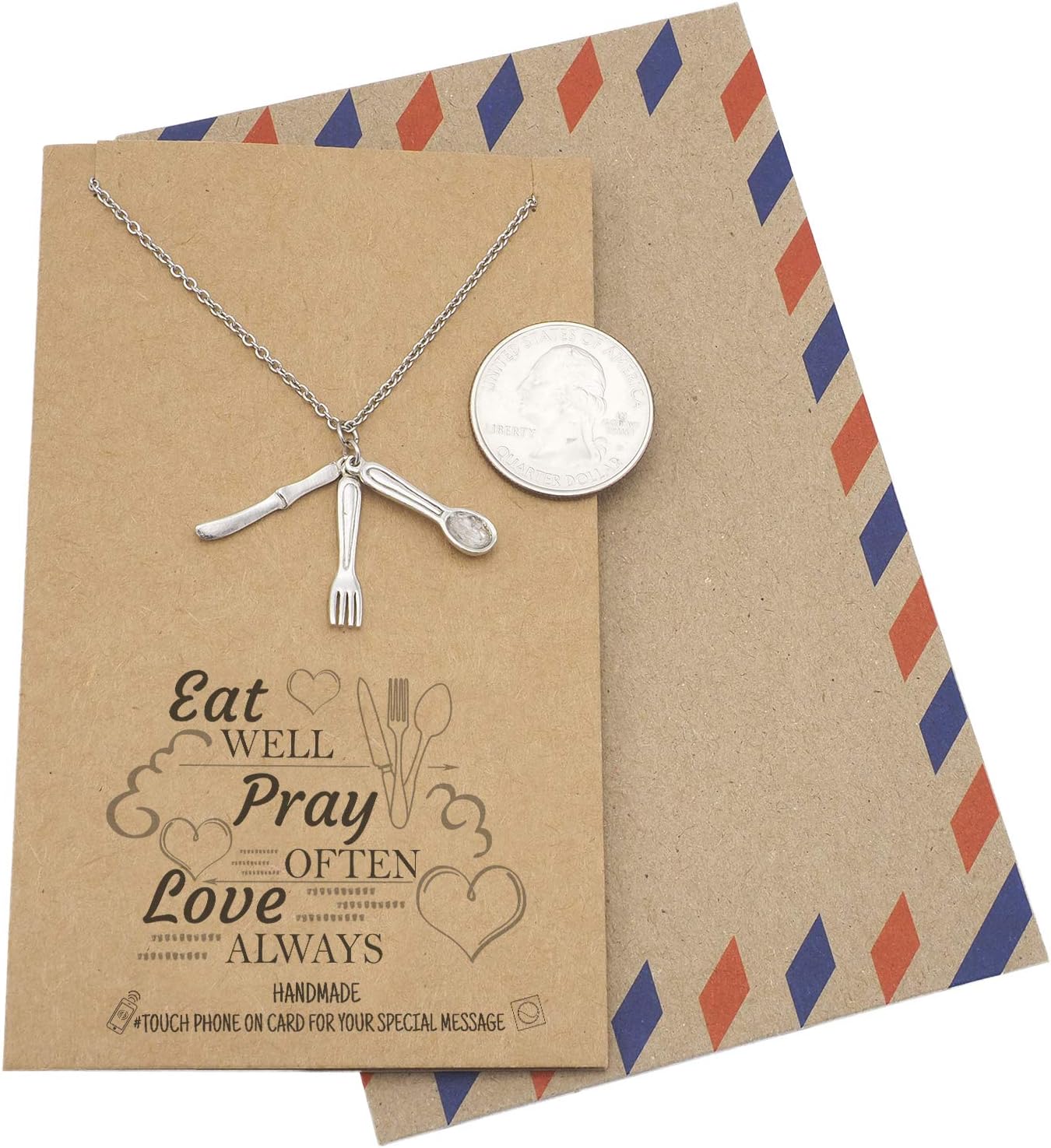 quan jewelry Handmade Spoon Fork Knife Pendant Necklace for Women, Foodie Best Friend Birthday Mothers Day Gifts, Kitchen Cutlery Charm, Gifts for Men and Women with Inspirational Greeting Card