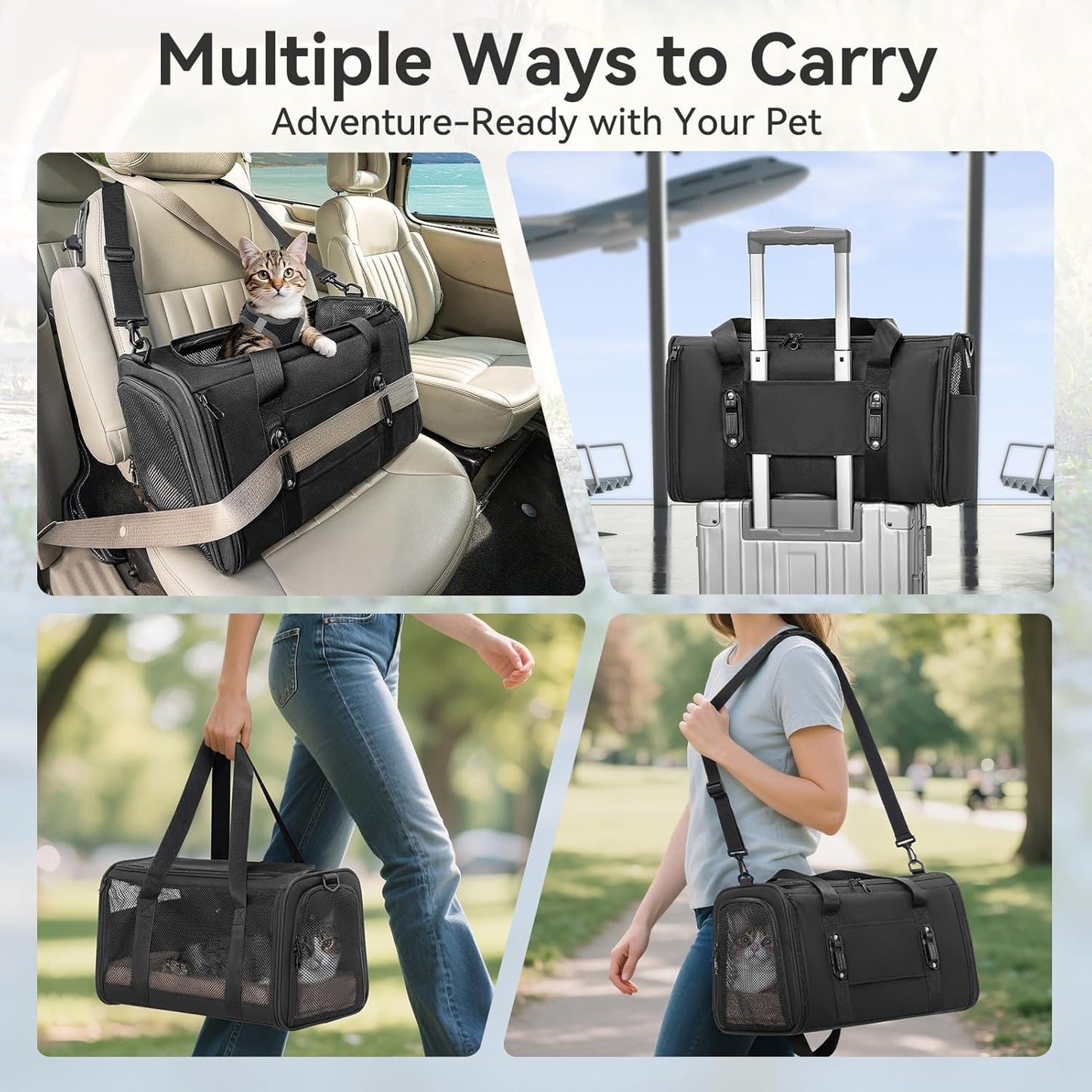 PETSFIT Soft-Sided Cat Carrier with Patented Safety Buckles, Lockable Zippers & Safety Tether,Escape-Resistant Travel Pet Carrier for Car Rides & Vet Visits, Airline Approved Under-Seat, Up to 12 lbs