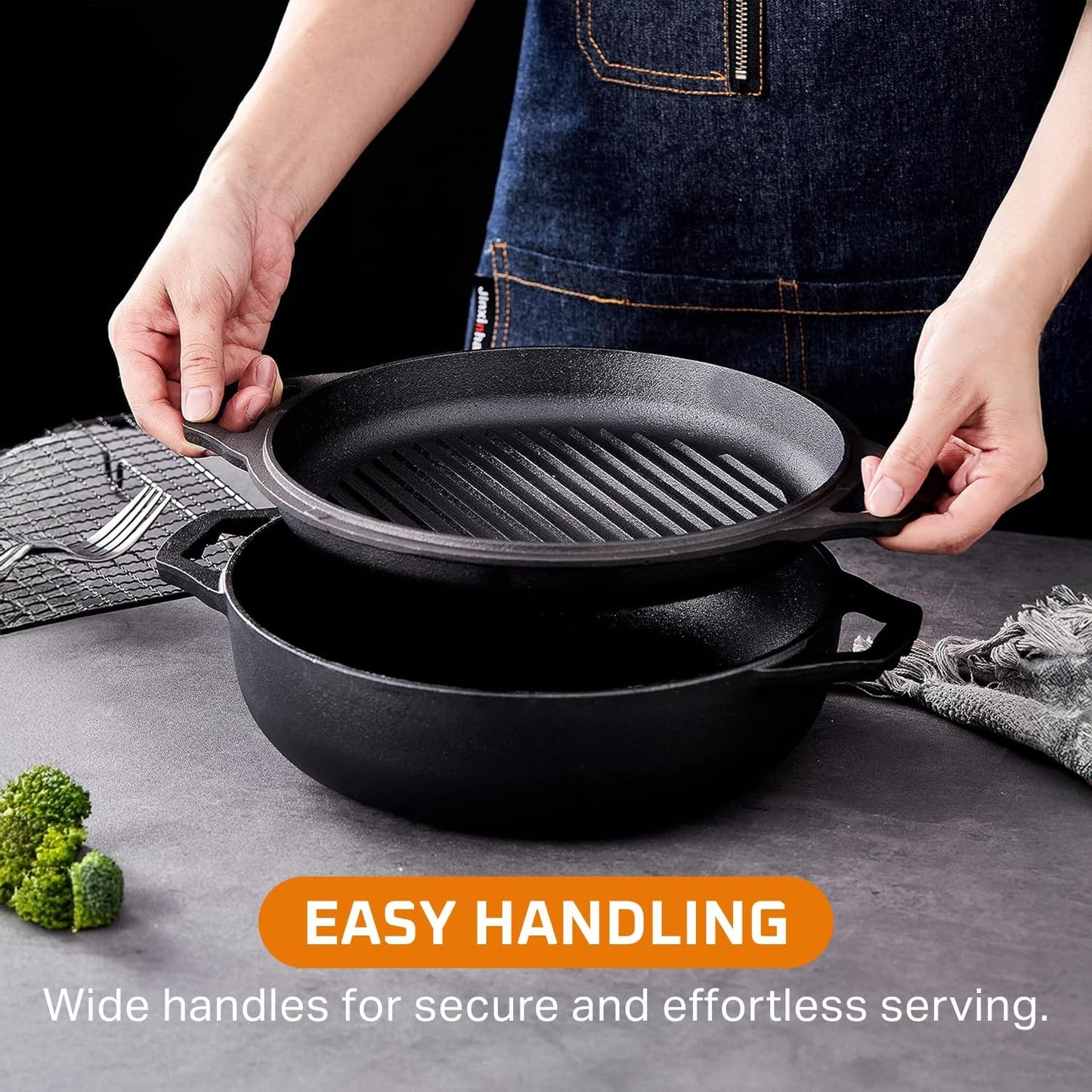 Bruntmor 2-in-1 Pre-Seasoned Cast Iron Dutch Oven with Grill Lid, 3.3 Quart - Cocotte Dutch Oven Pot and Braiser Pan with Lid and Dual Handles - Oven-Safe, Gumbo Pot for BBQ, Frying, Camping, Black