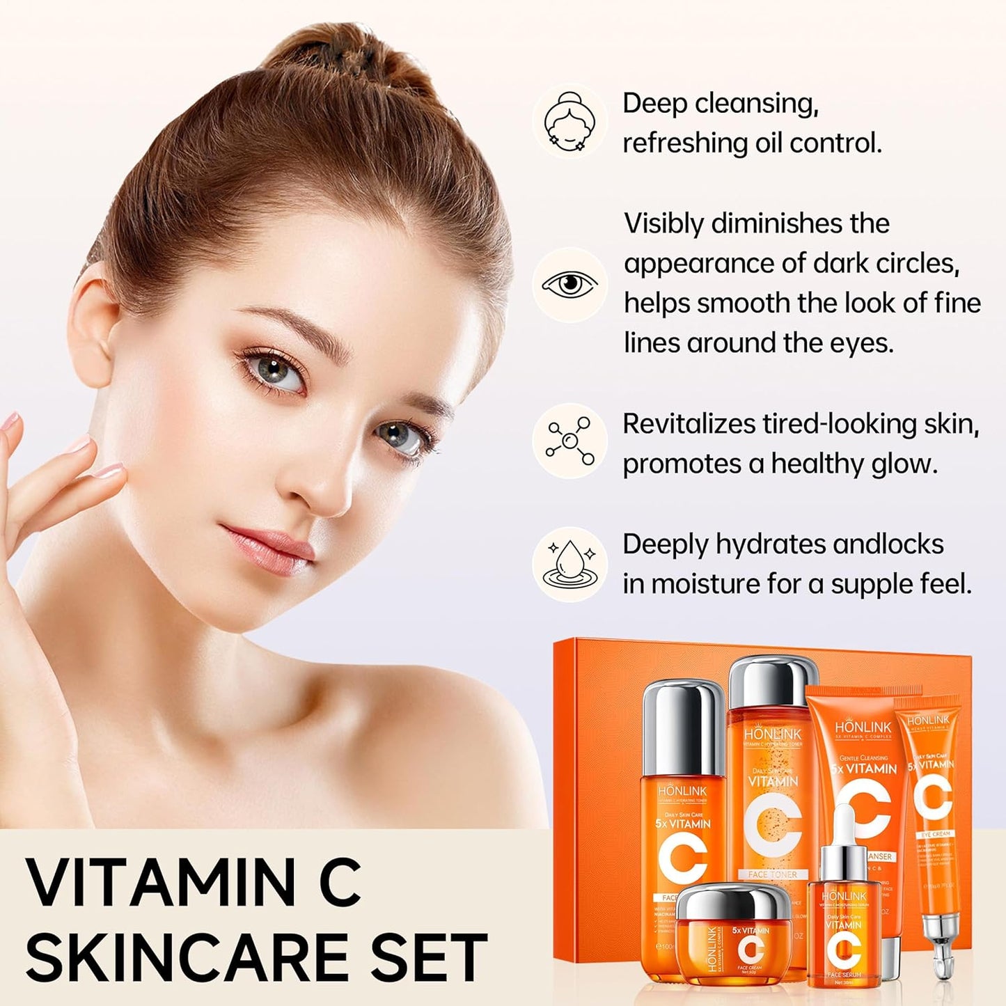 6-Piece Hydrating Skincare Set with Vitamin C & Niacinamide, Face Care Kit Includes Toner, Serum, Cleanser, Moisturizer, Eye Cream & Body Lotion | Valentine’s Day Gift for Women
