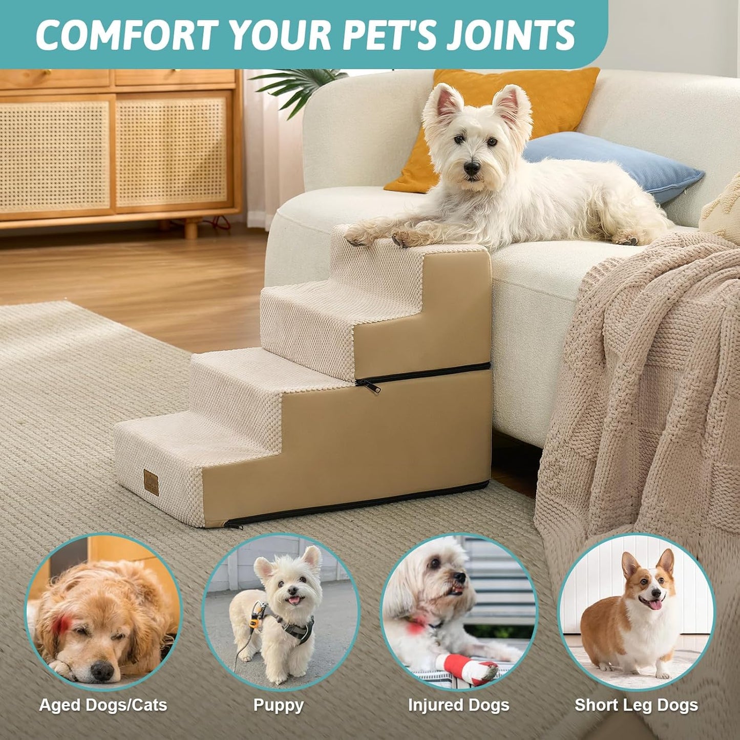 Dog Stairs for Small Dogs, 4 Tier Removable Pet Stairs for Couch and Bed, 17.7" H Dog Steps for Old Cats, Puppy, Small Dogs, 15.7x23.6x17.7 inch, Beige