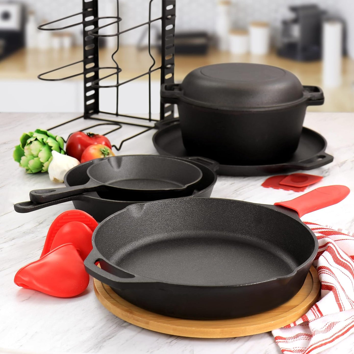 Megachef MegaChef 12 Piece Round PreSeasoned Cast Iron Cookware Set, Black and Red