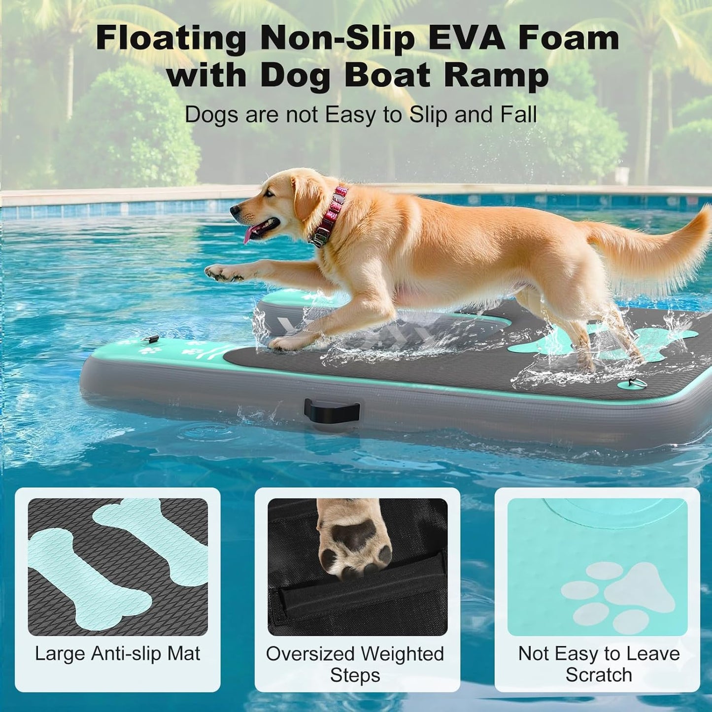 Inflatable Dog Boat Ramp for Dogs Up to 240 lbs, Inflatable Dock Floating Platform with Anti-Slip EVA Foam Safe & Easy Water Access, Dog Ramp for Boat, Pools, Lakes, Boats, Docks, Green