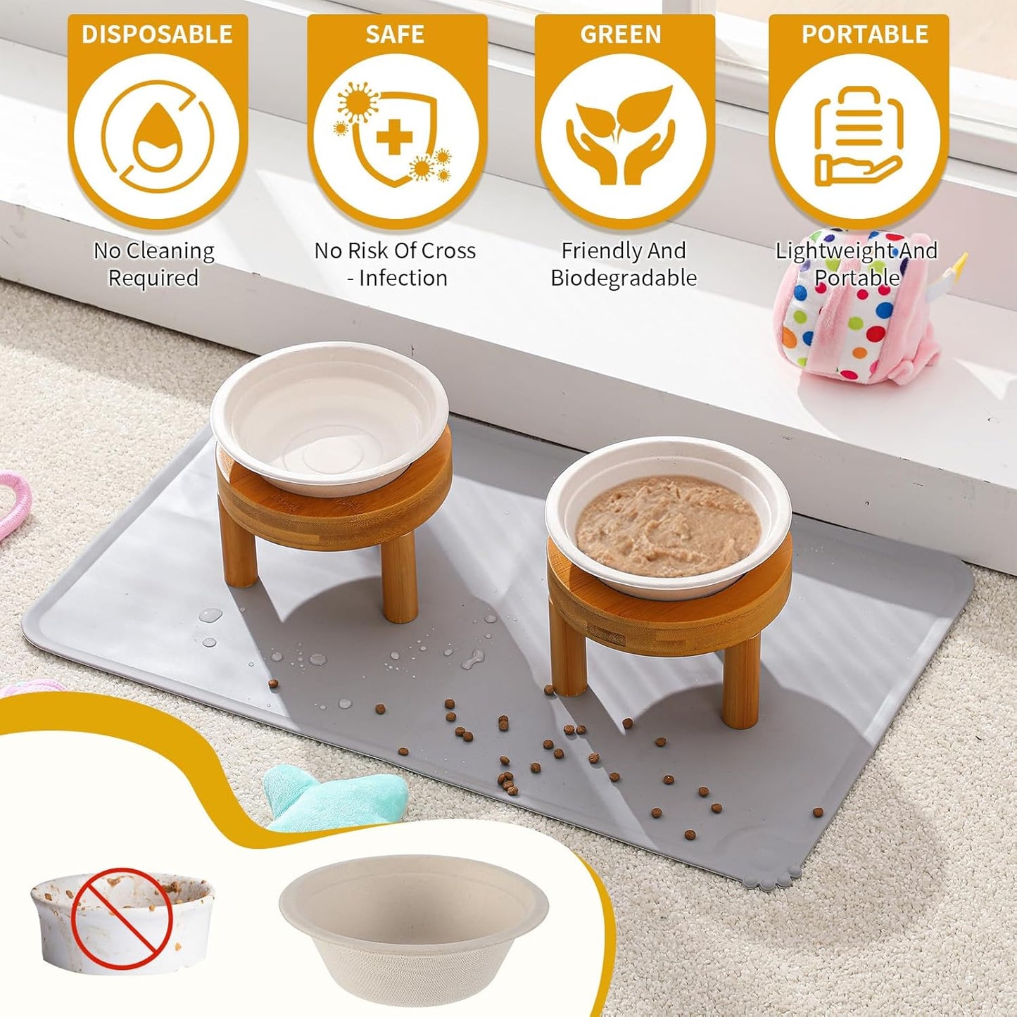 LemonRoad 53 Pcs 1.5 Cup Compostable Elevated Pet Feeding Bowls with Food Mat and Reusable Elevated Wood Stand for Wet and Dry Food Travel Outdoor Pet Care