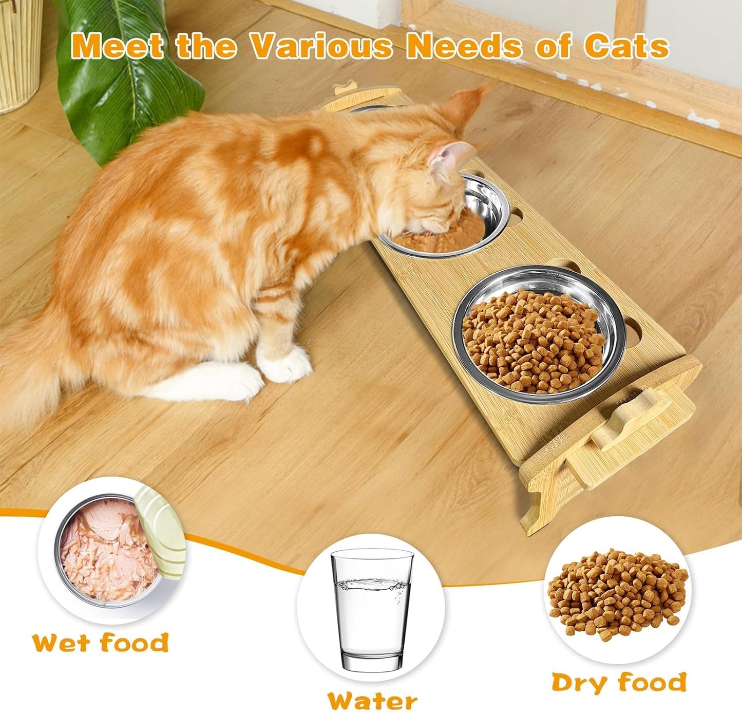Elevated Cat Bowls 15° Tilted : 3-Pack Stainless Steel Food Bowls with Bamboo Stand - Anti-Overflow, Dishwasher Safe, 6 Adjustable Heights and Whisker Fatigue Relief for Indoor Cats